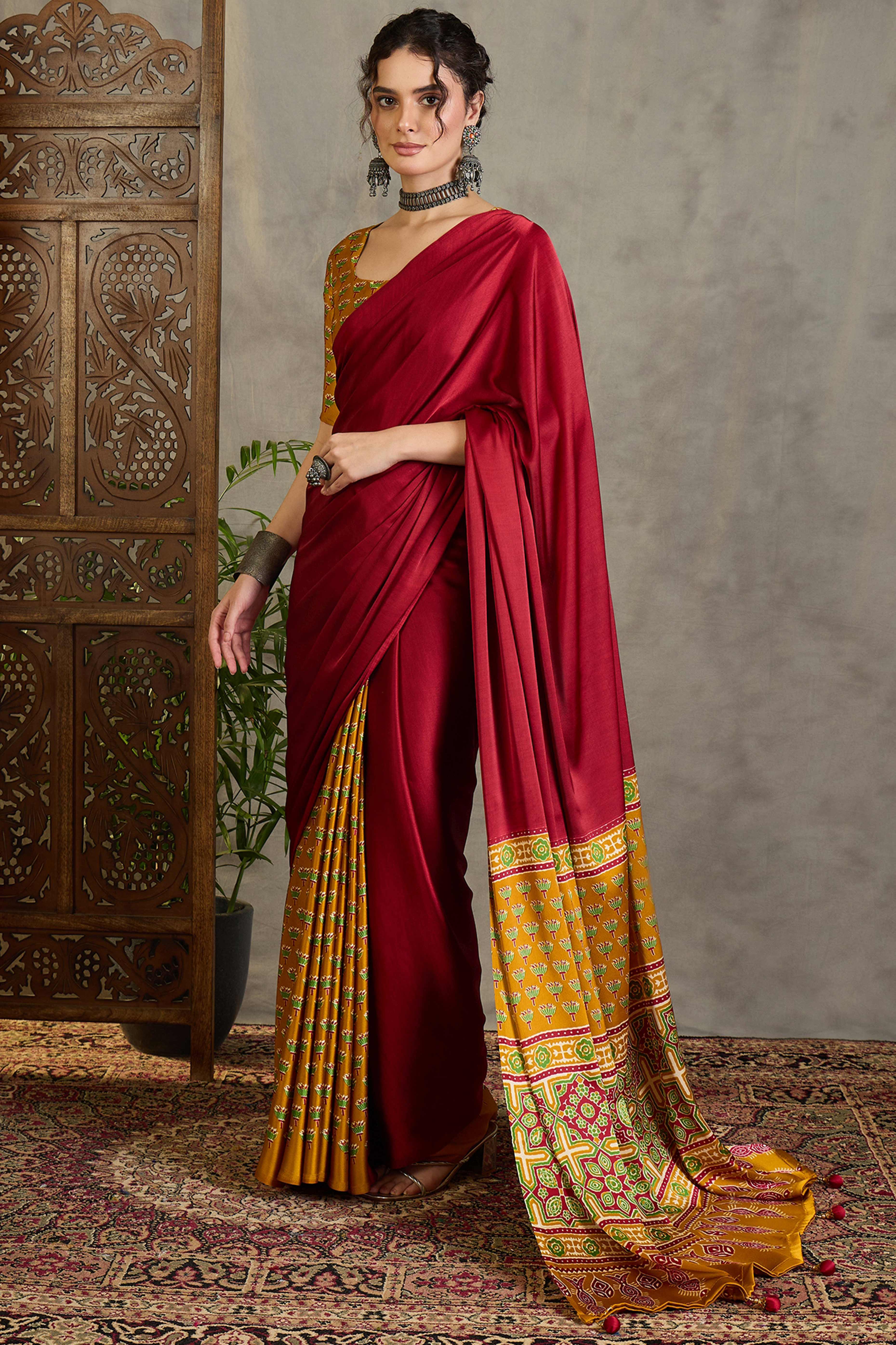 Yellow Solid Modal Satin Saree Highlighted with Classic Ajrakh Pallu Design - Image 4