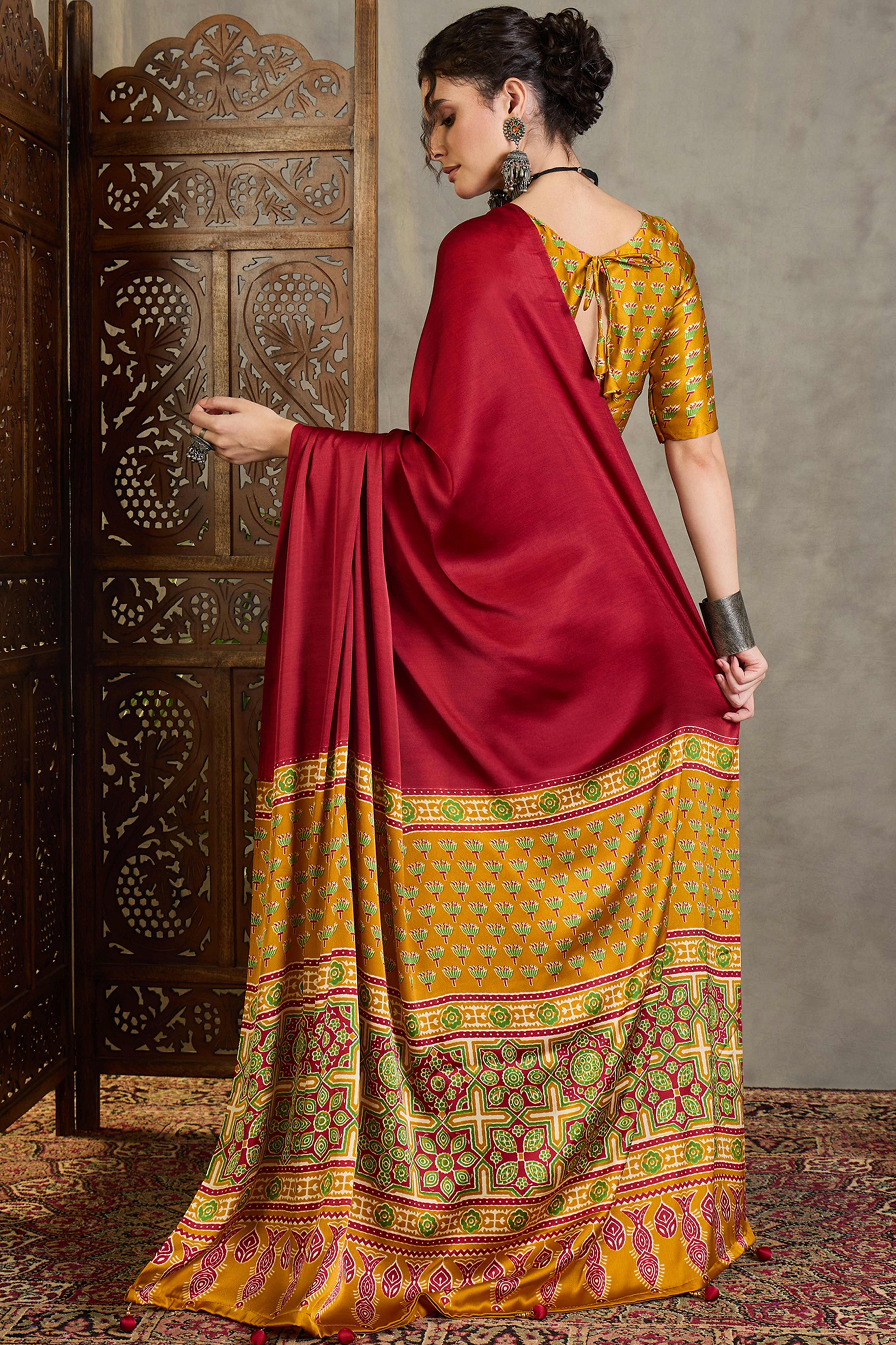 Yellow Solid Modal Satin Saree Highlighted with Classic Ajrakh Pallu Design - Image 5