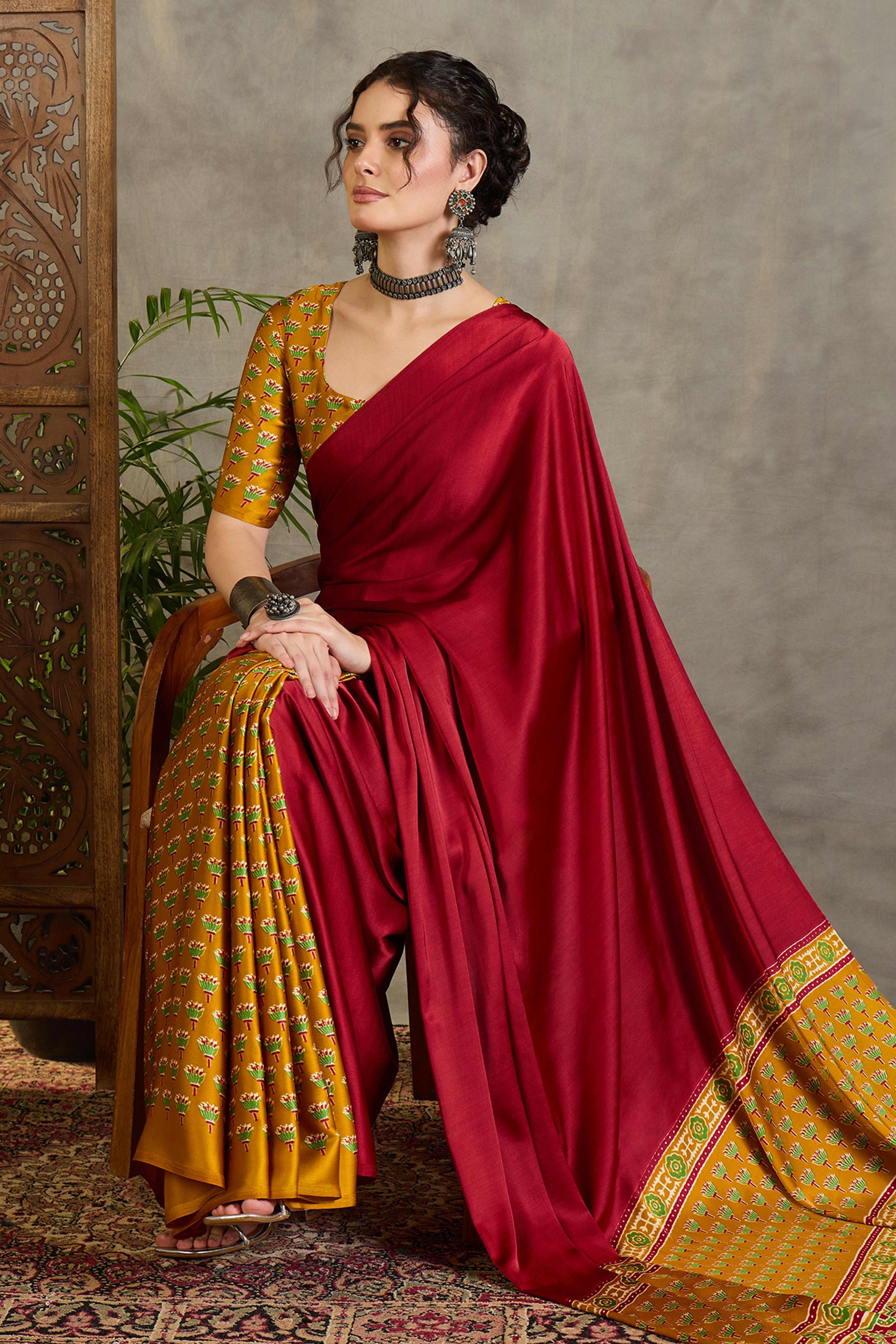 Yellow Solid Modal Satin Saree Highlighted with Classic Ajrakh Pallu Design - Image 6