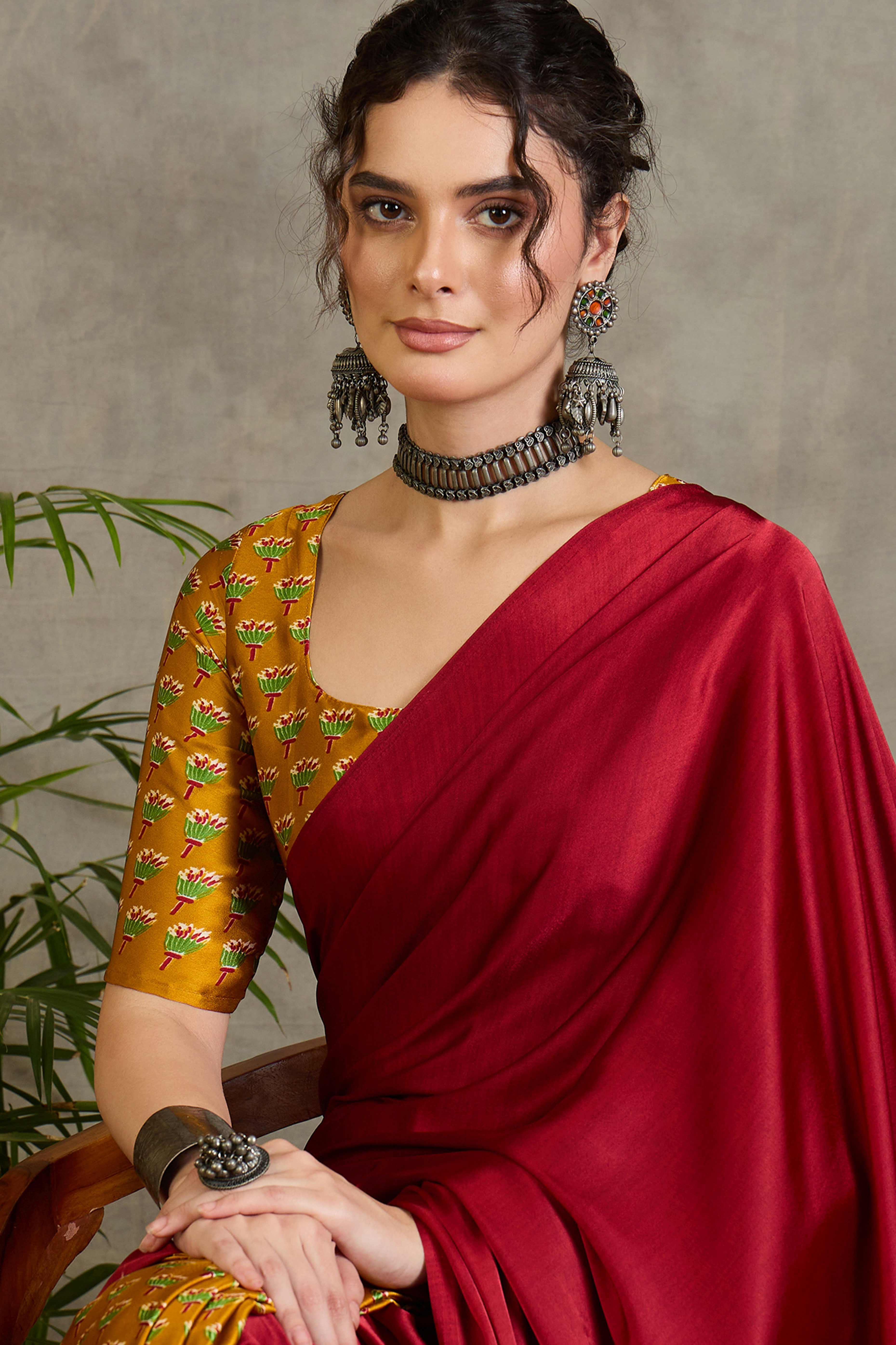 Yellow Solid Modal Satin Saree Highlighted with Classic Ajrakh Pallu Design - Image 7