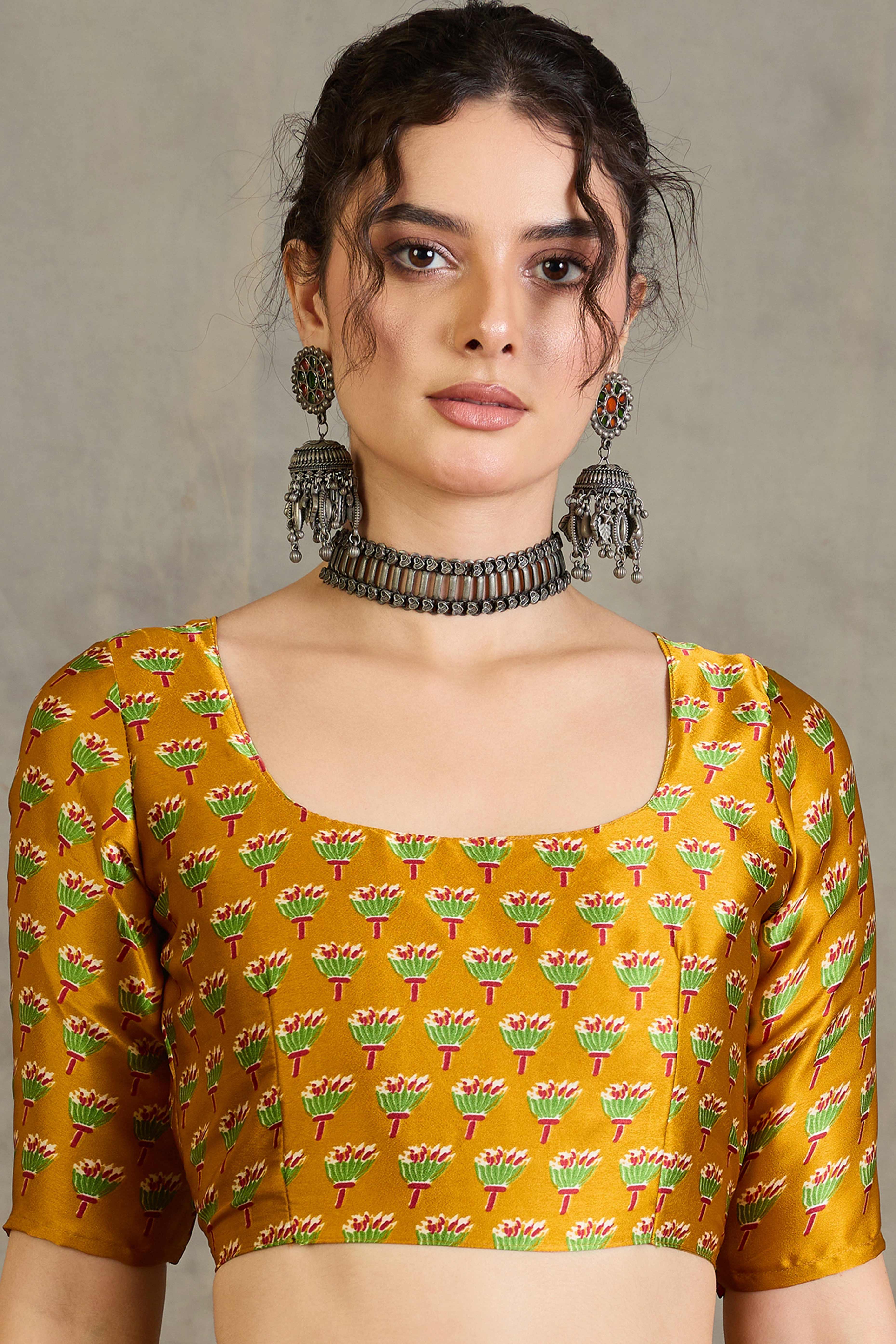 Yellow Solid Modal Satin Saree Highlighted with Classic Ajrakh Pallu Design - Image 8
