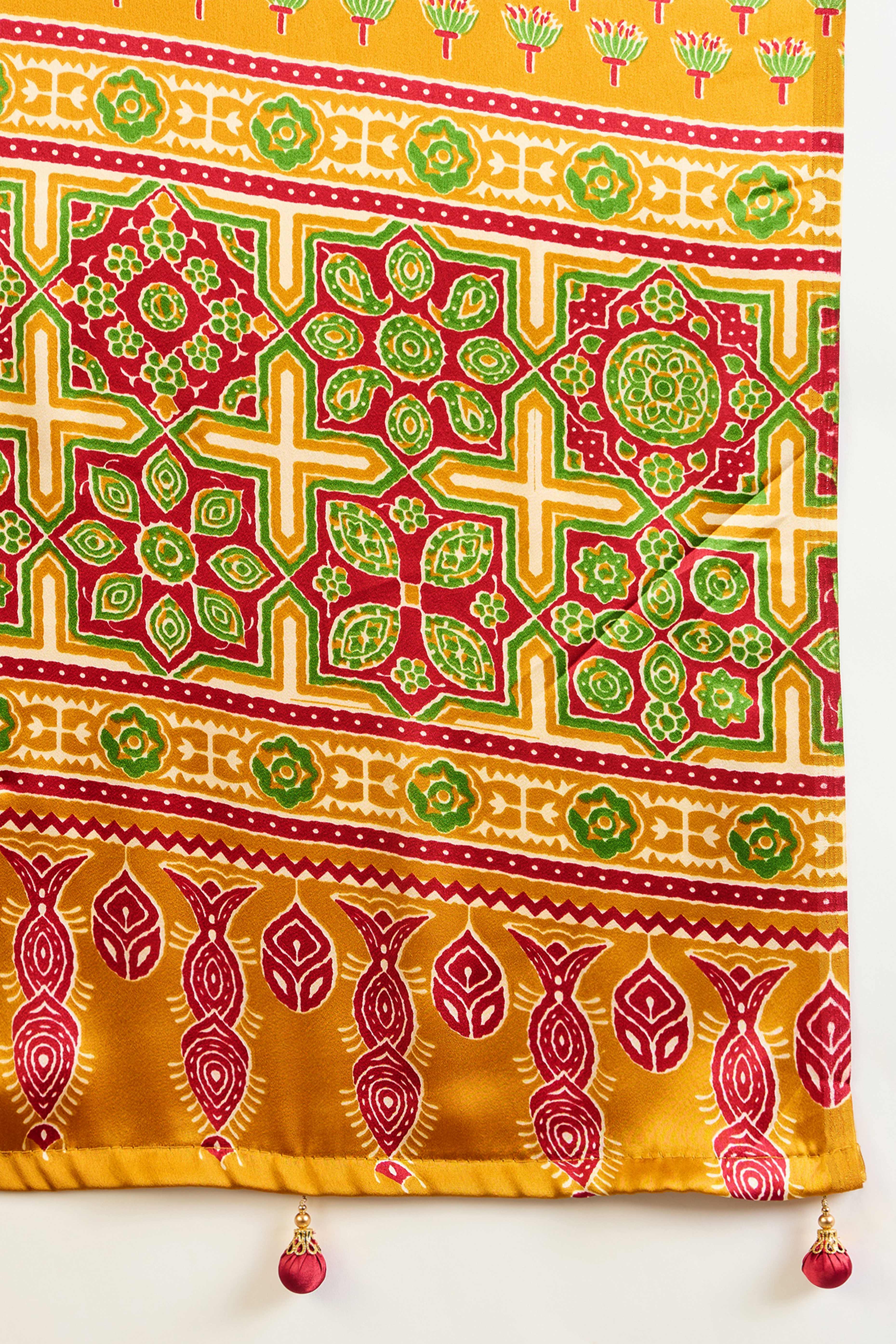 Yellow Solid Modal Satin Saree Highlighted with Classic Ajrakh Pallu Design - Image 9