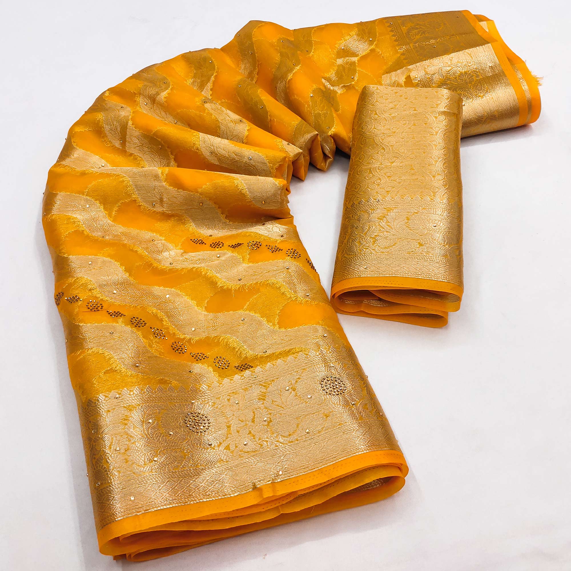 Yellow Stone Work Woven Organza Jacquard Saree - Image 3