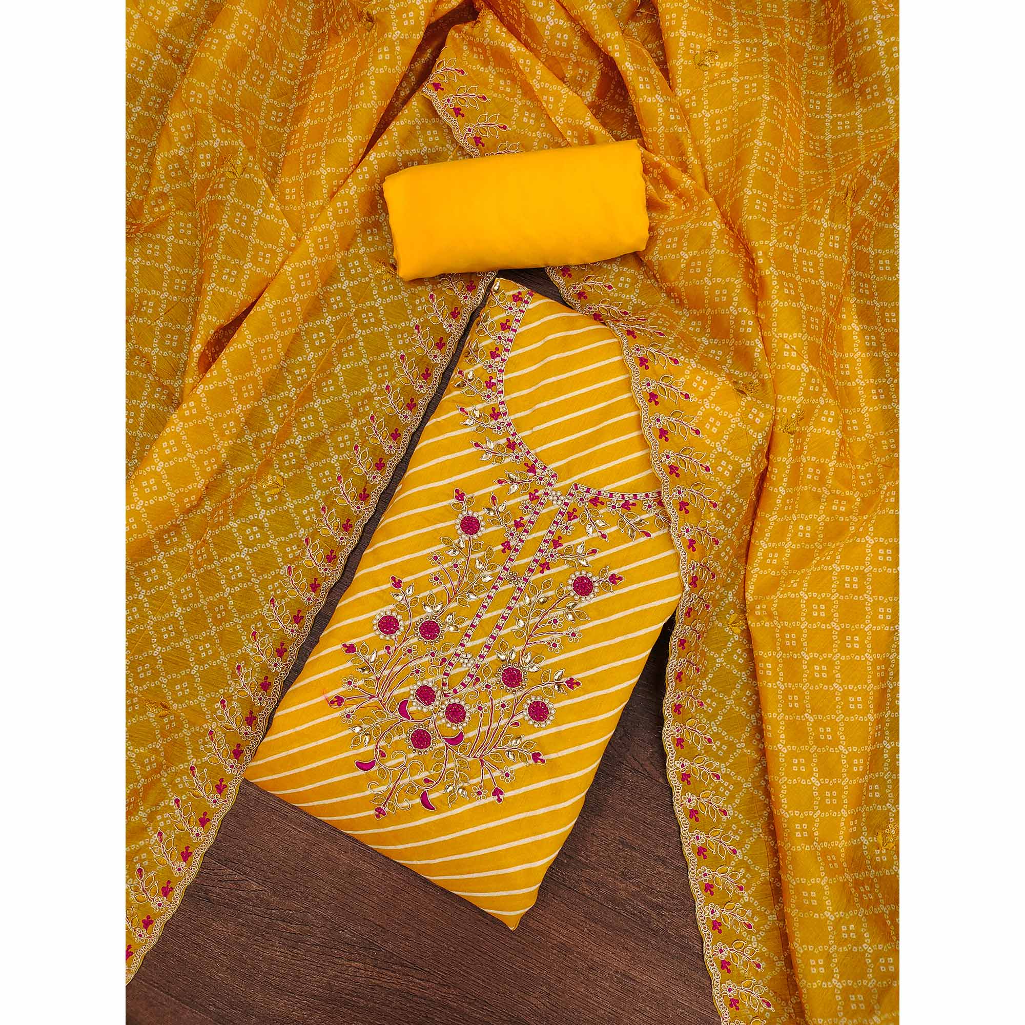 Yellow Striped Digital Printed With Handwork Muslin Dress Material - Image 3