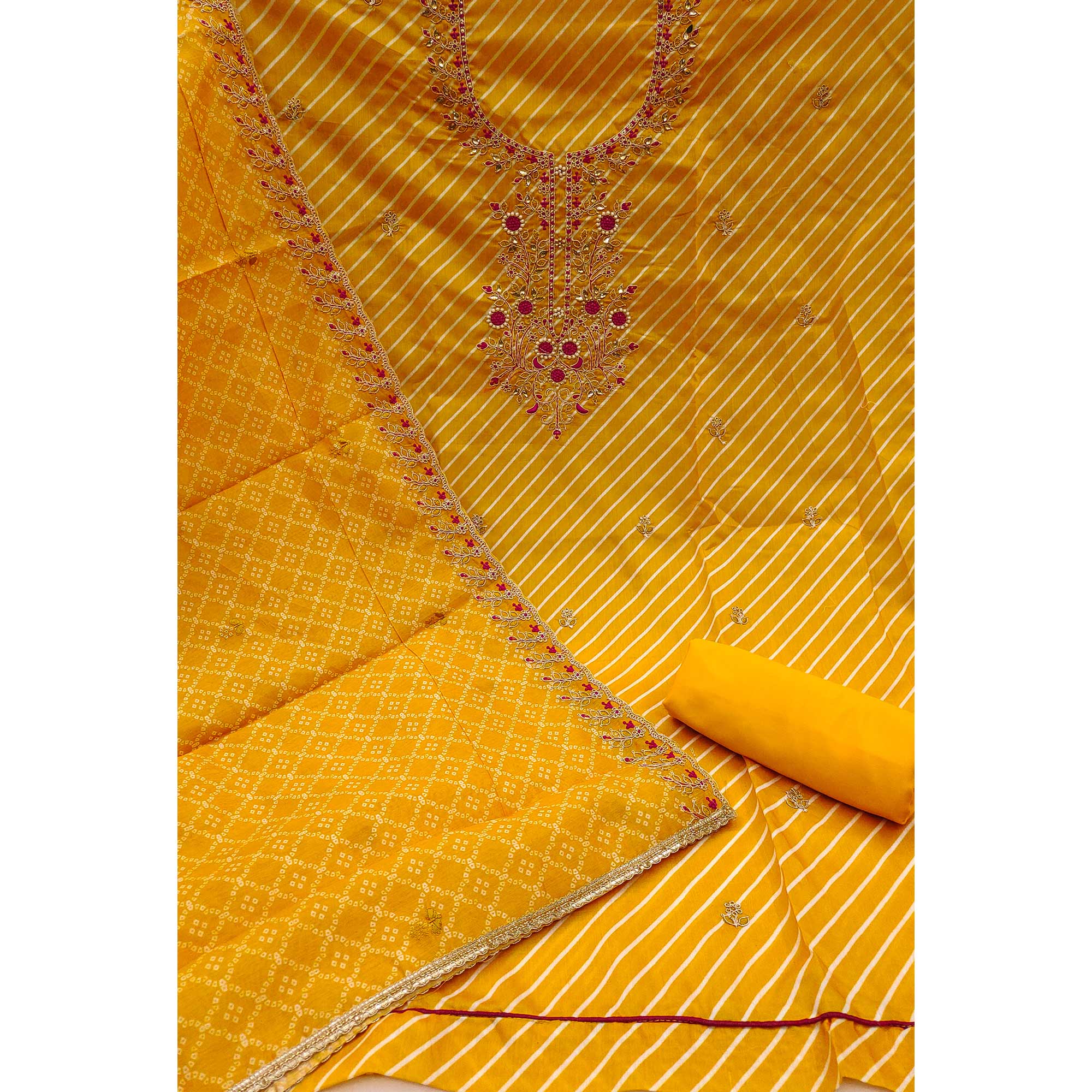 Yellow Striped Digital Printed With Handwork Muslin Dress Material - Image 4