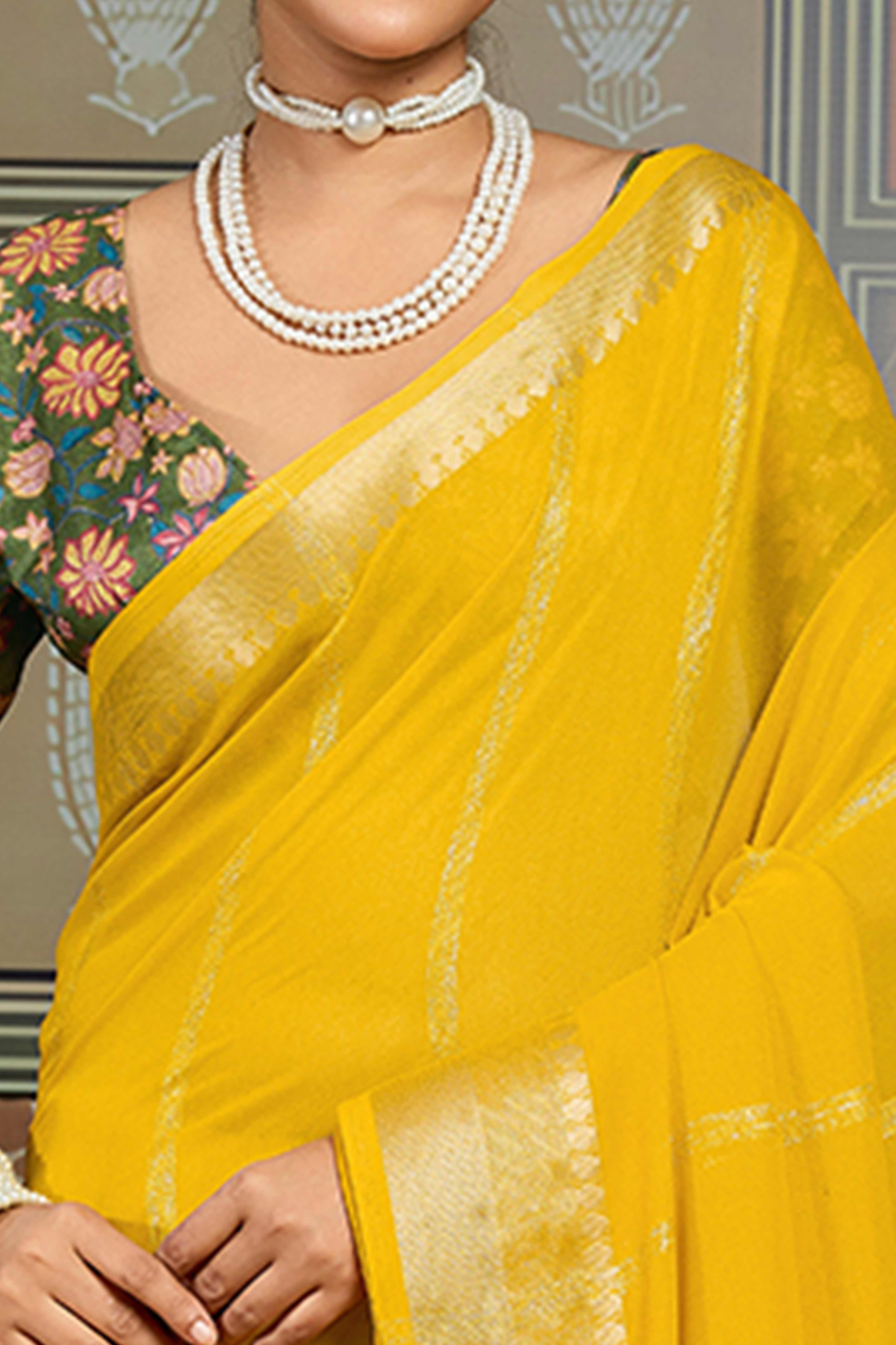 Yellow Striped Pattern Bemberg Saree Adorned With Intricate Zari Weaving & Graceful Tassel Pallu - Image 2