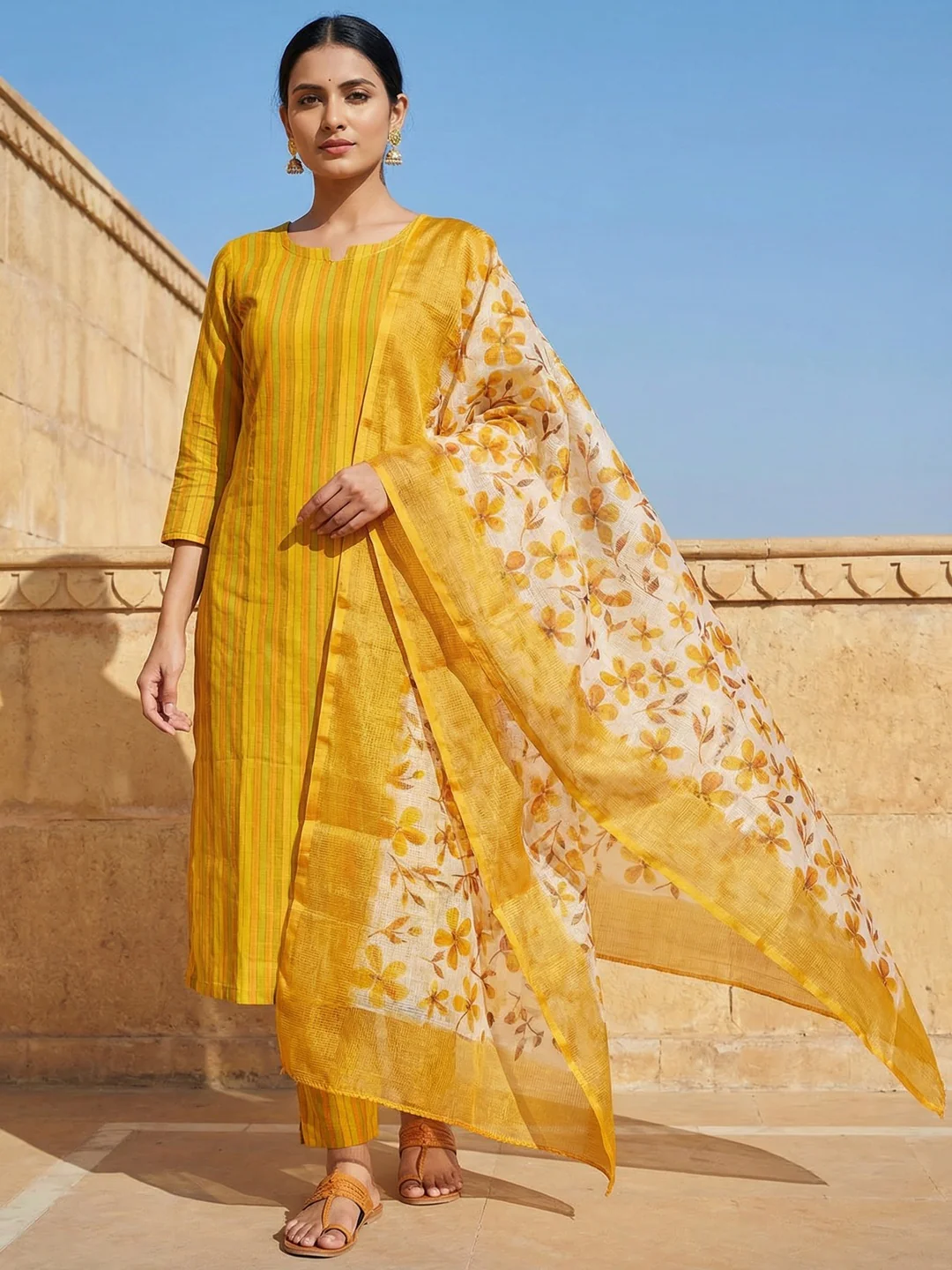 Yellow Striped Printed Linen Unstitched Dress Material with Dupatta