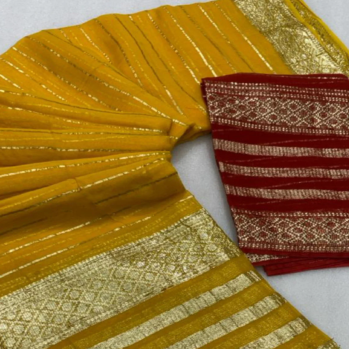 Yellow Striped Zari Woven Viscose Saree - Image 2