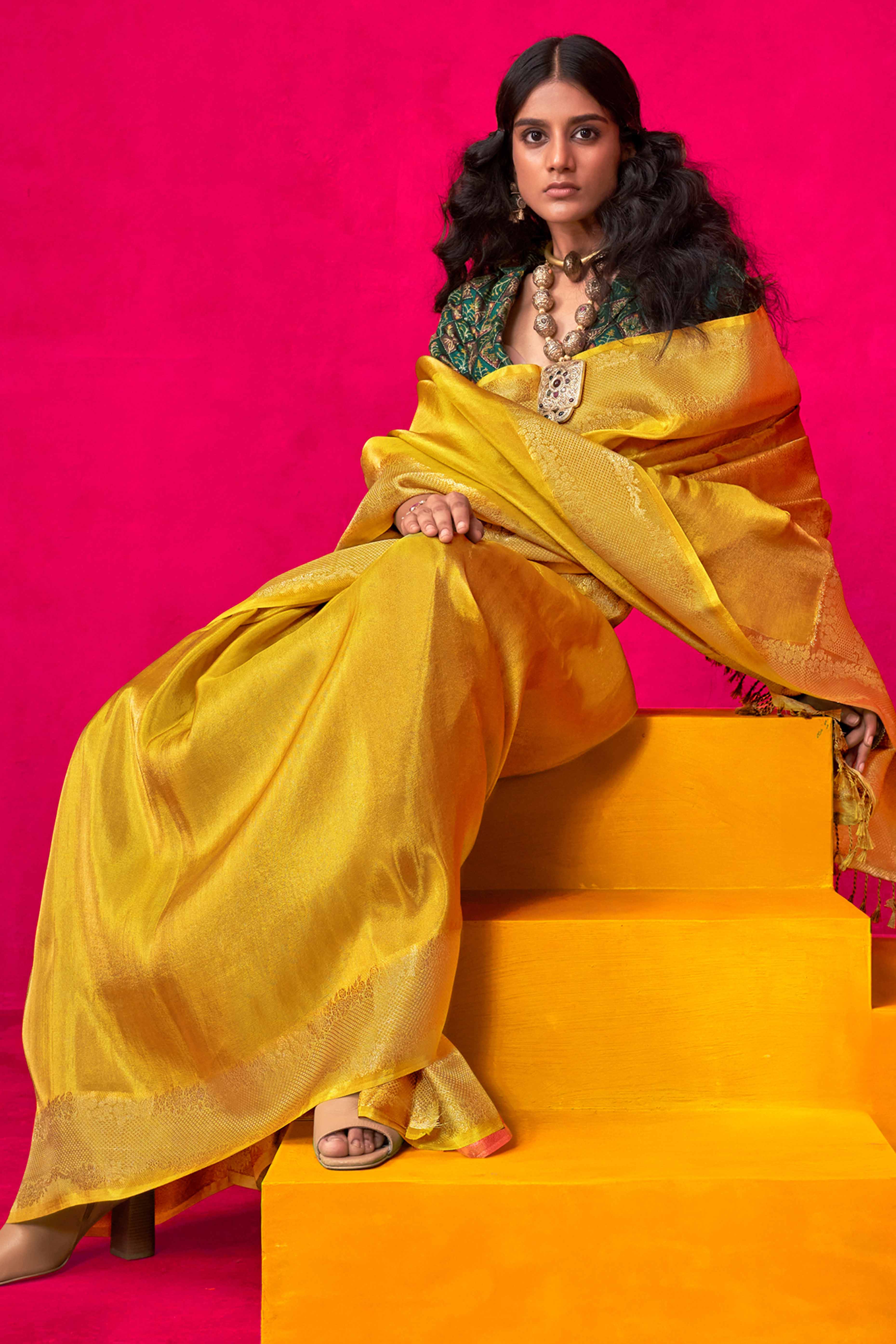 Yellow Tissue Saree Adorned with Zari Weaving Border - Image 3