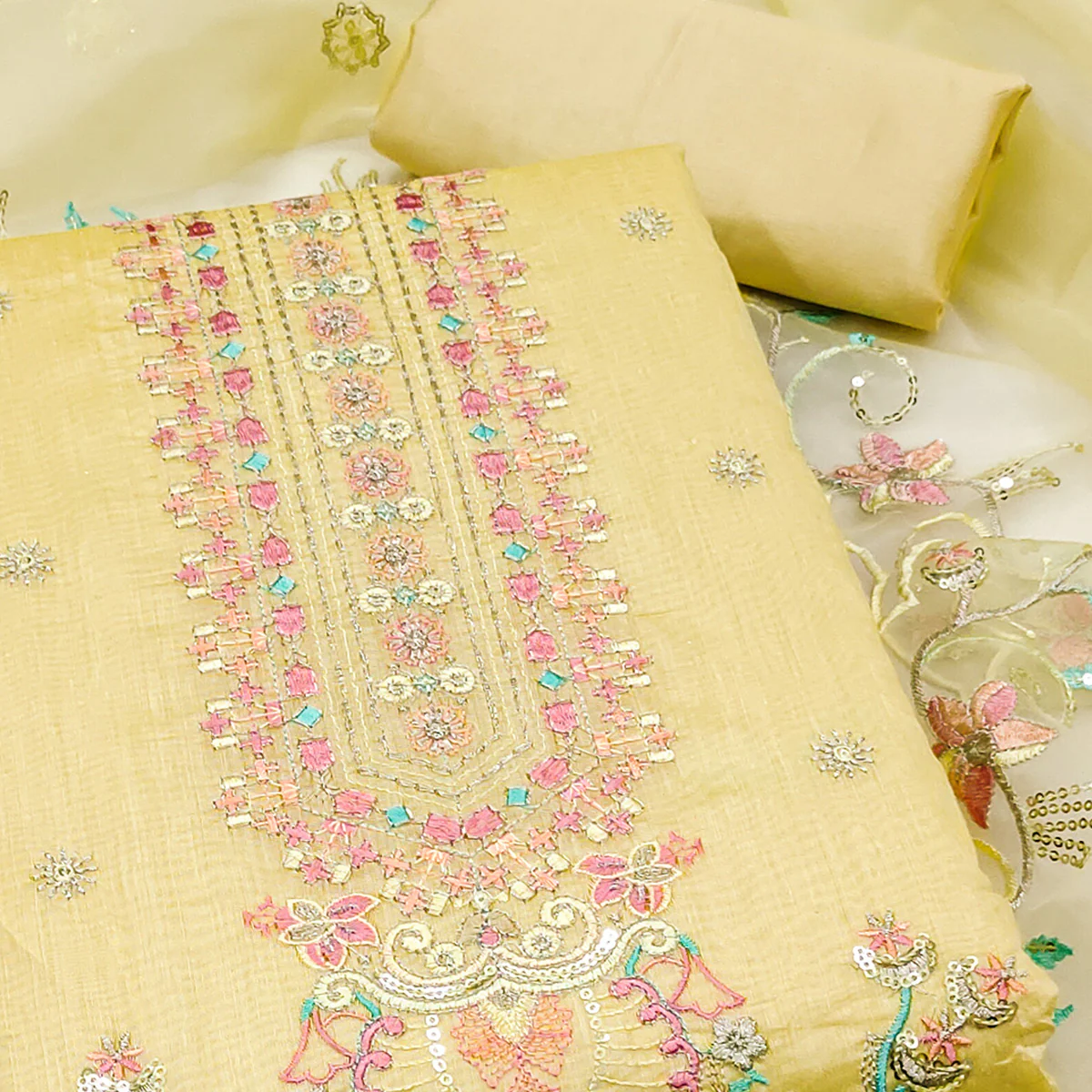 Yellow Unstitched Chanderi Silk Dress Material with Delicate Sequins Work - Image 2