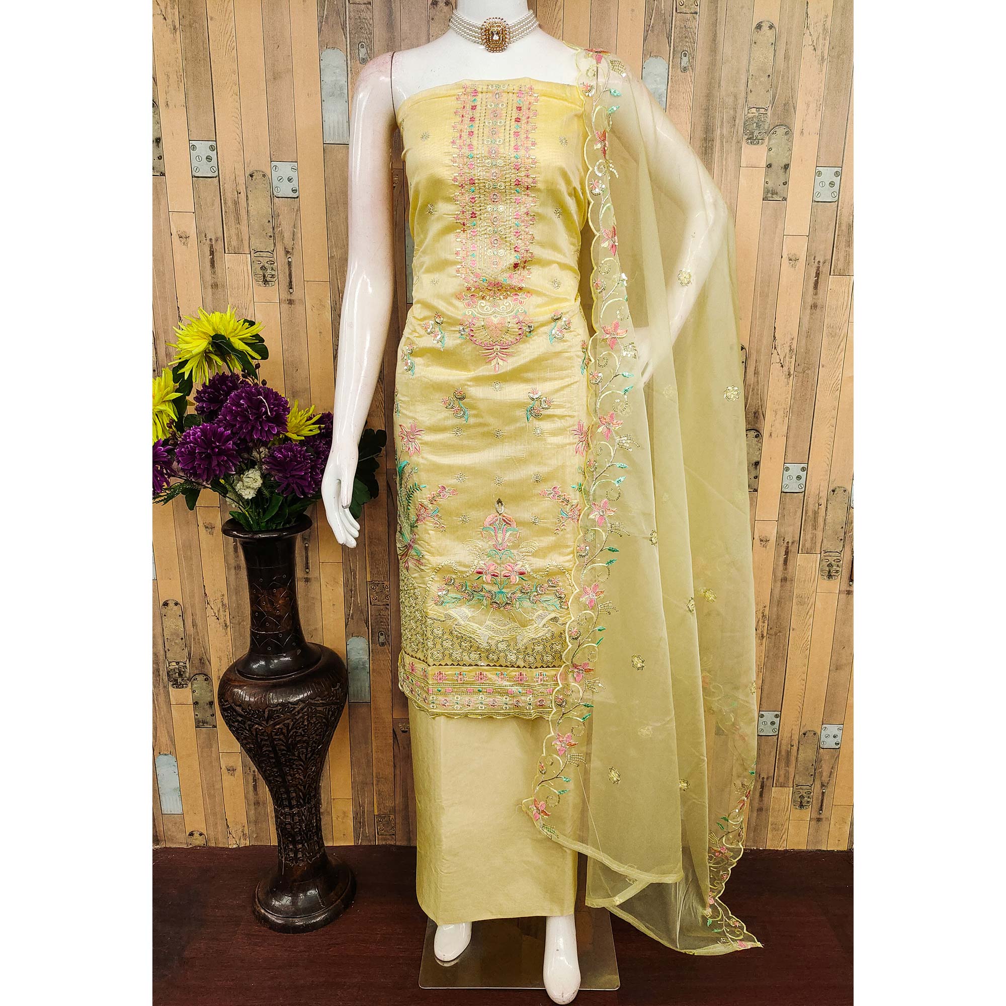 Yellow Unstitched Chanderi Silk Dress Material with Delicate Sequins Work - Image 3