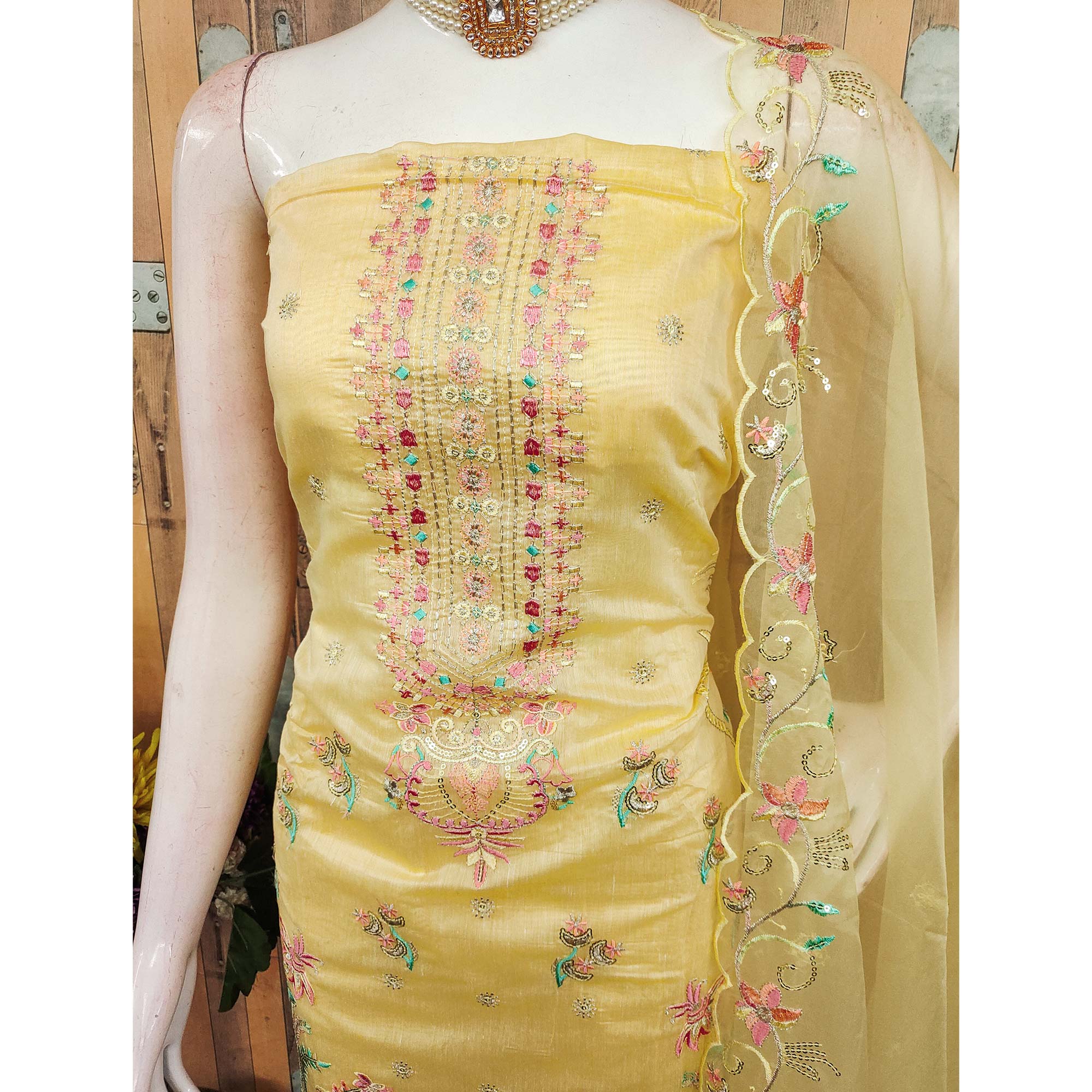Yellow Unstitched Chanderi Silk Dress Material with Delicate Sequins Work - Image 4