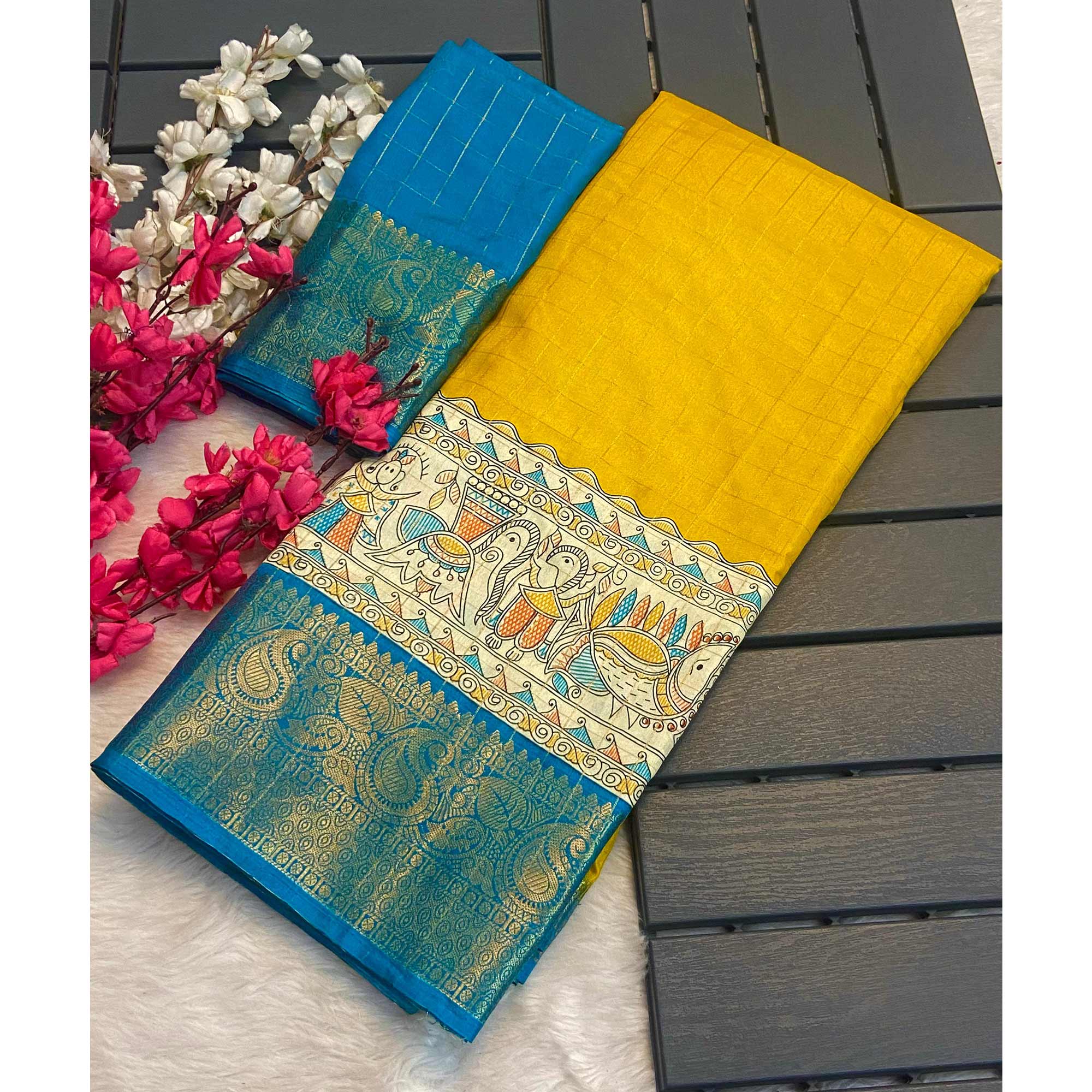 Yellow Weaving Dola Silk Saree With Zari Border - Image 3