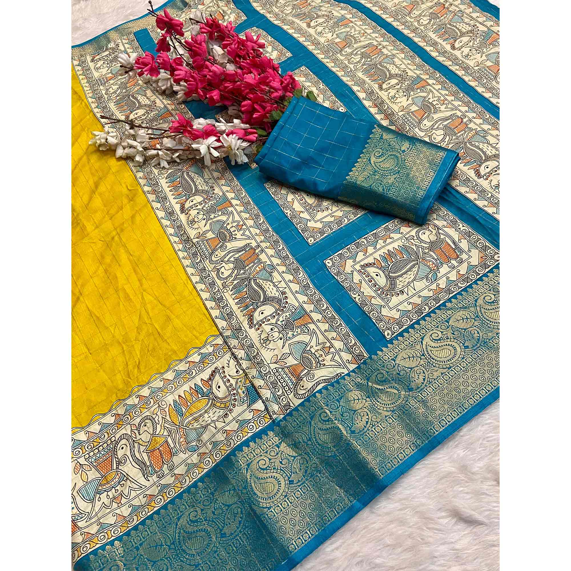 Yellow Weaving Dola Silk Saree With Zari Border - Image 5