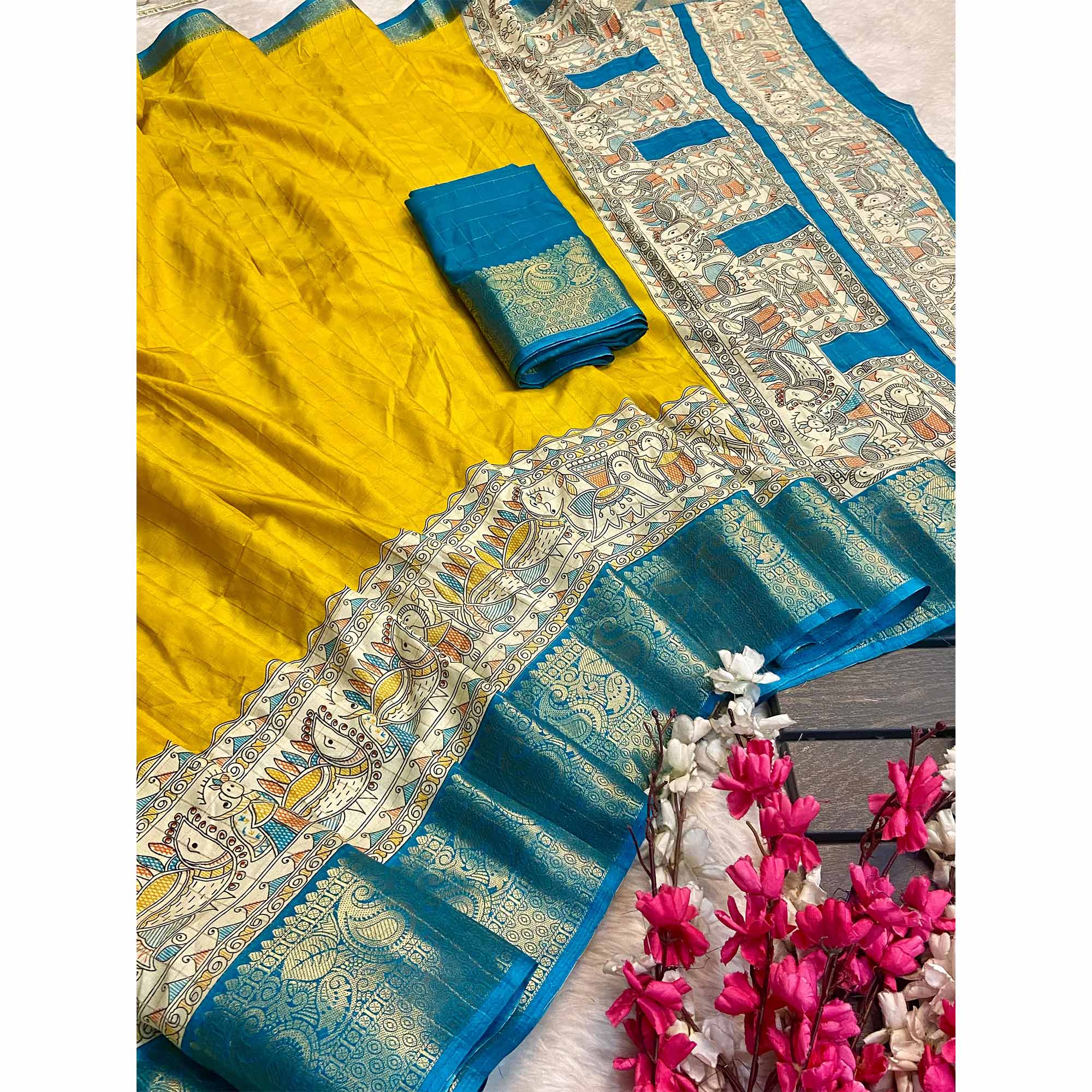 Yellow Weaving Dola Silk Saree With Zari Border - Image 6