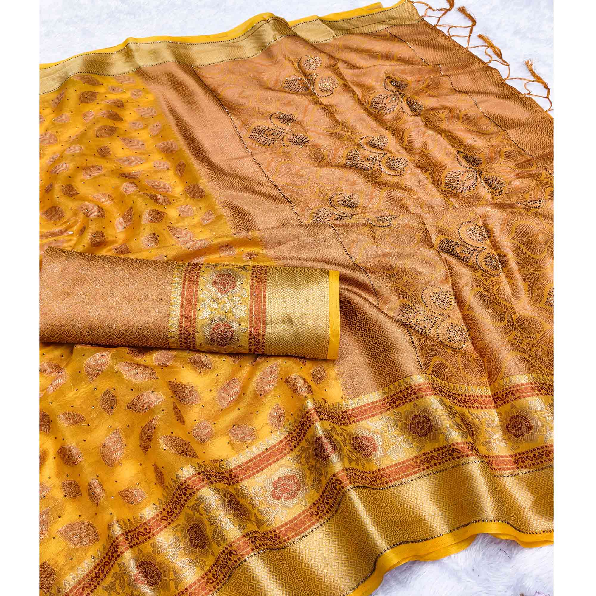Yellow Woven Banarasi Crunchy Silk Saree With Leaf & Floral Motifs Accented By Sparkling Stone - Image 3