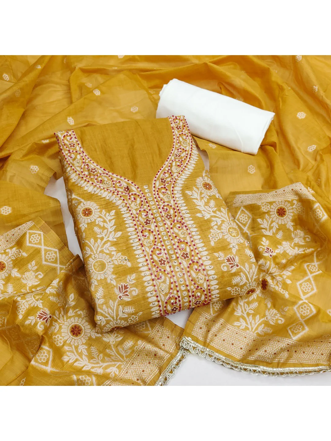 Yellow Woven Banarasi Silk Dress Material with Delicate Beads Work - Image 3