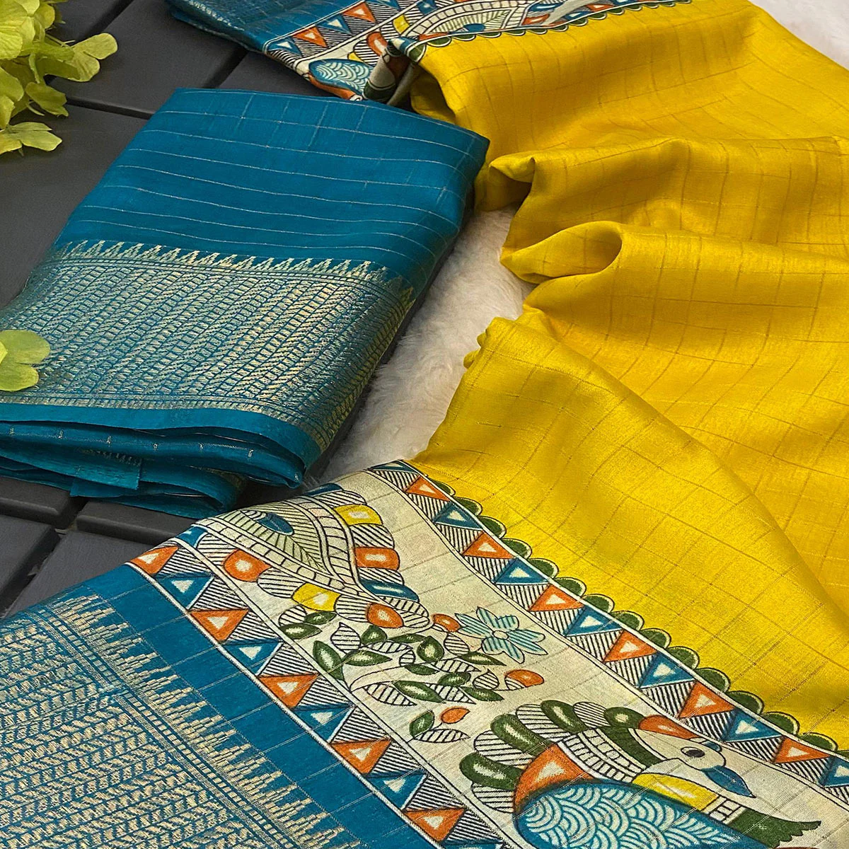 Yellow Madhubani Work Woven Dola Silk Saree - Image 2