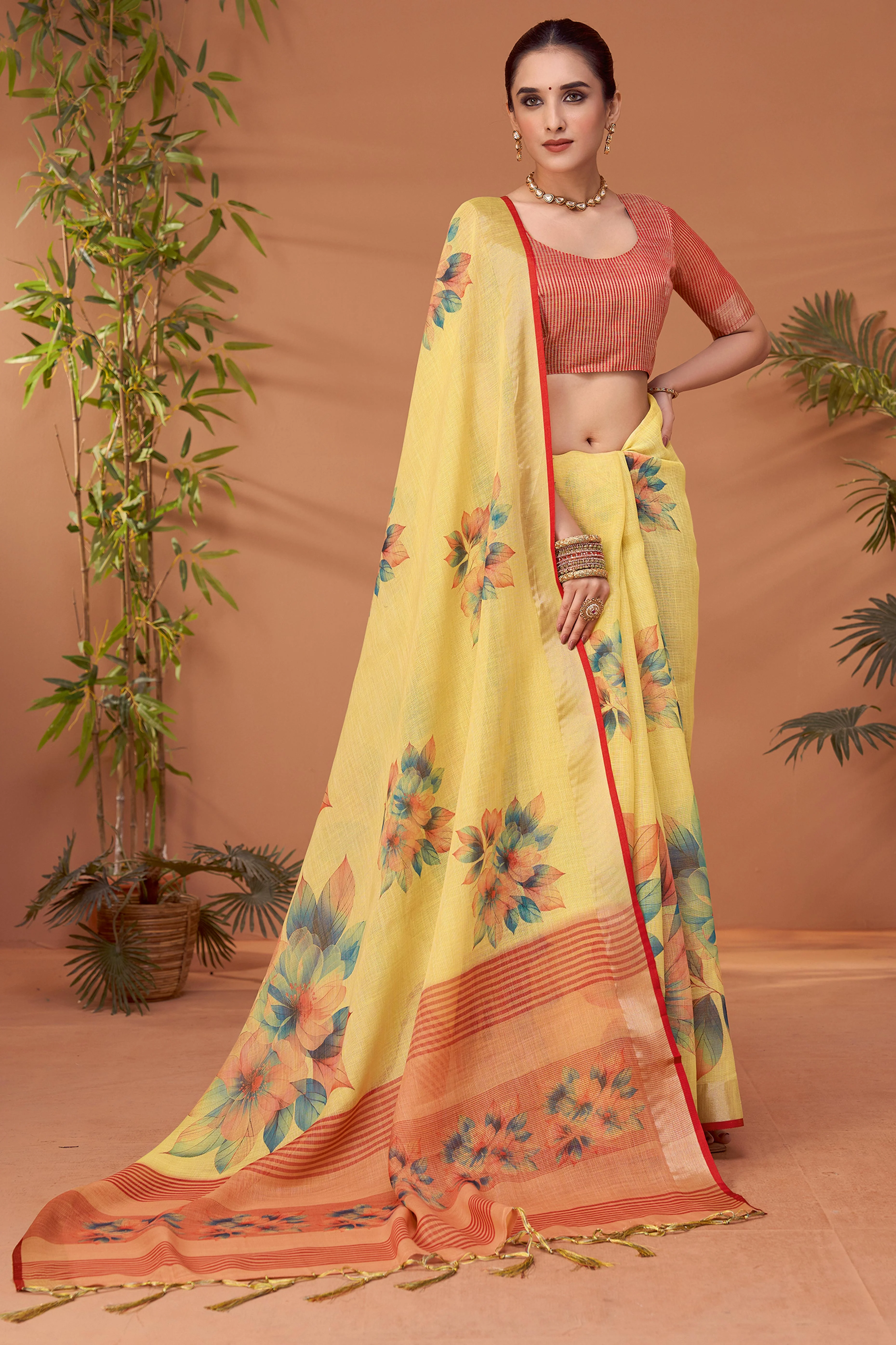Yellow Woven Floral Printed Linen Blend Saree with Soft Elegant Texture