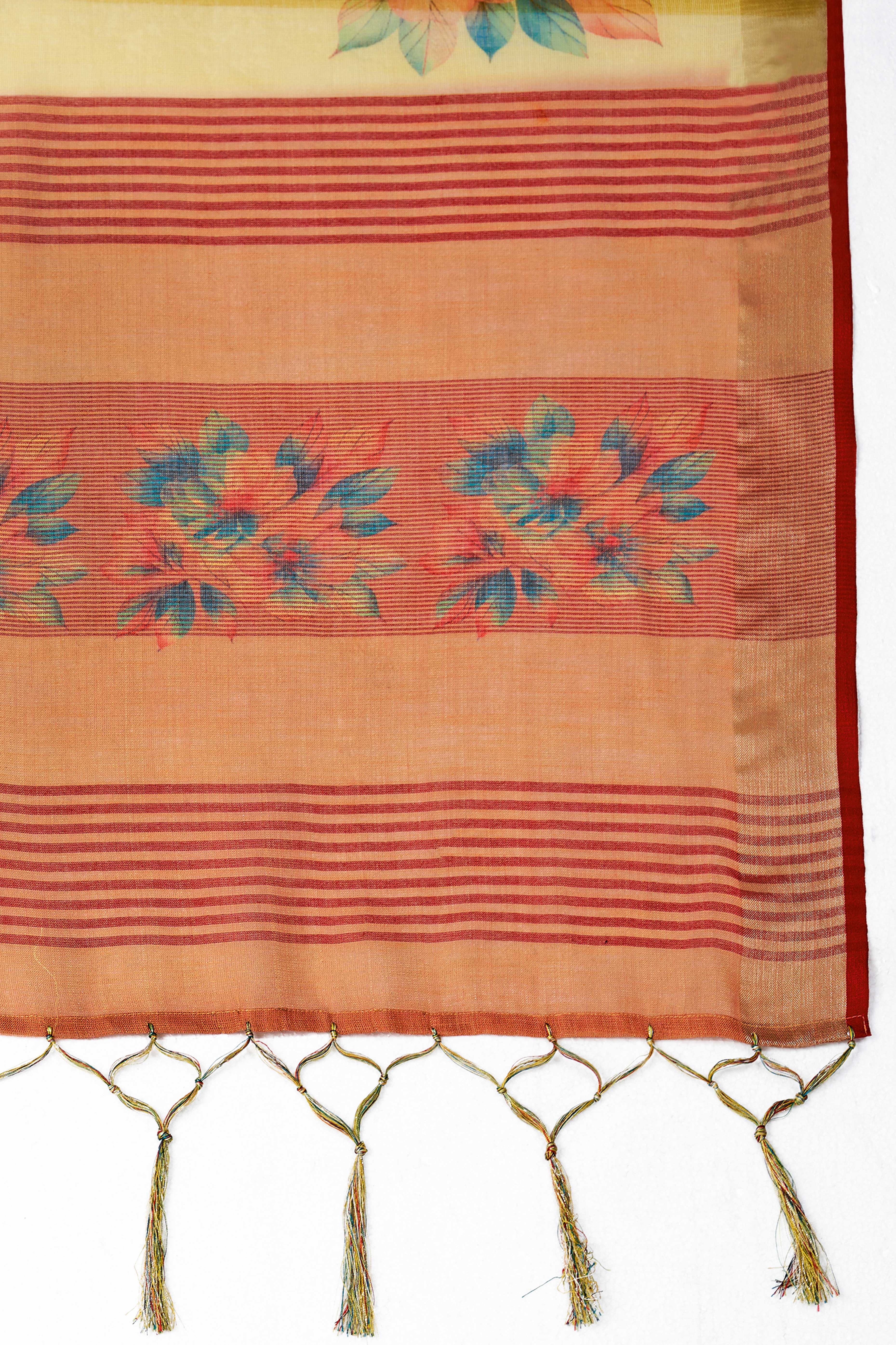 Yellow Woven Floral Printed Linen Blend Saree with Soft Elegant Texture - Image 6