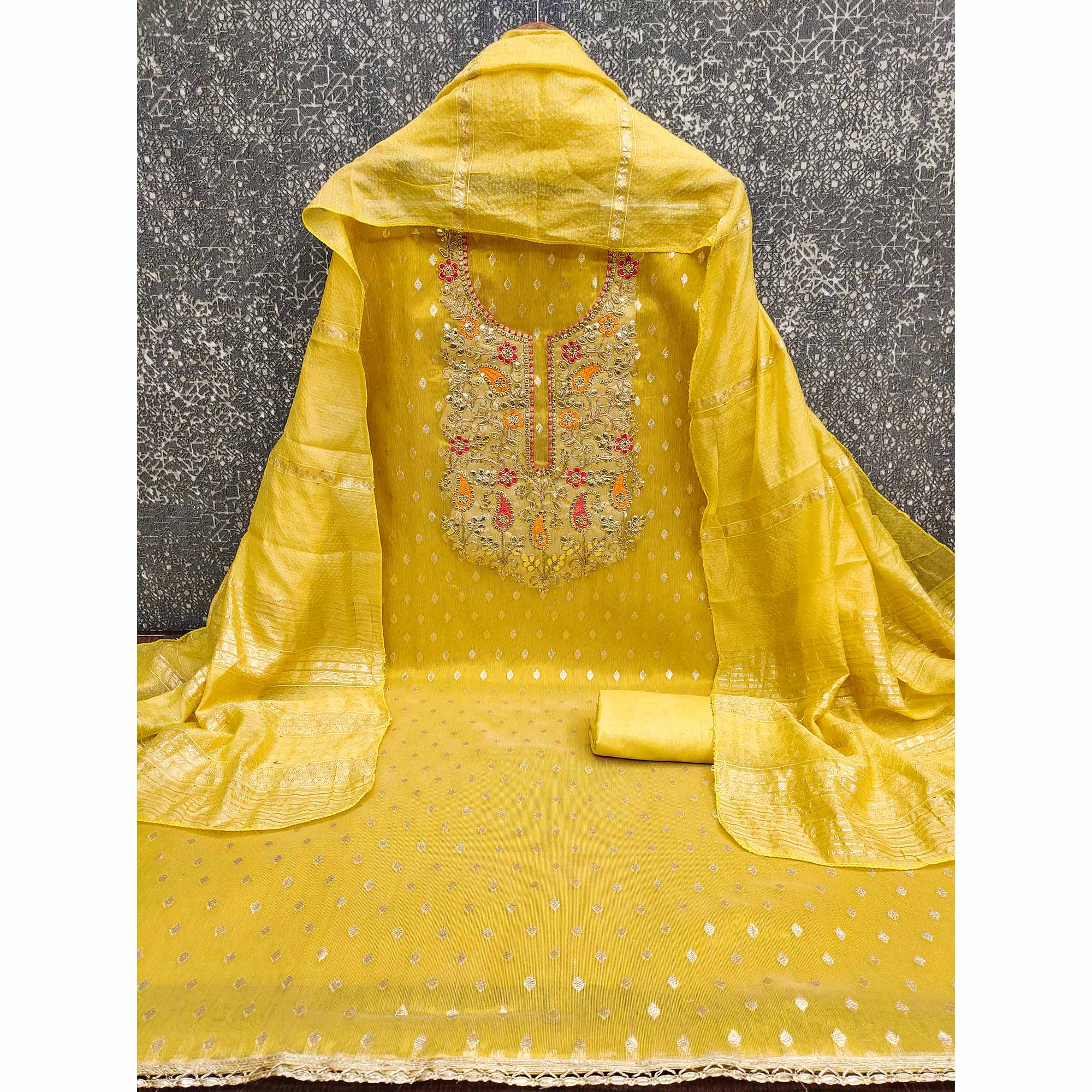 Yellow Woven Shimmer Dress Material Featuring Sequins Embroidery & Gota Patti Accents - Image 3