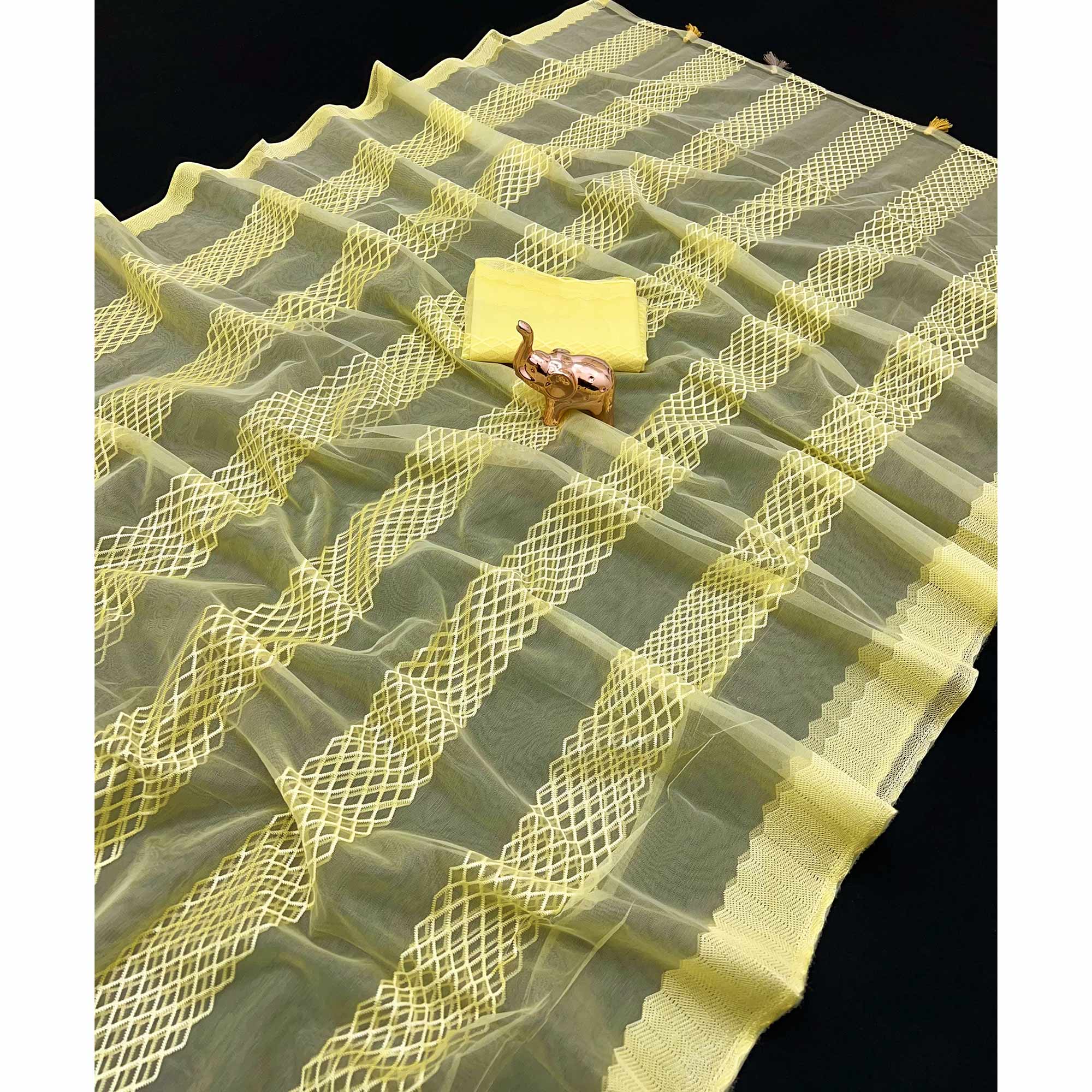 Yellow Woven Thread Work Net Saree With Tassels - Image 3