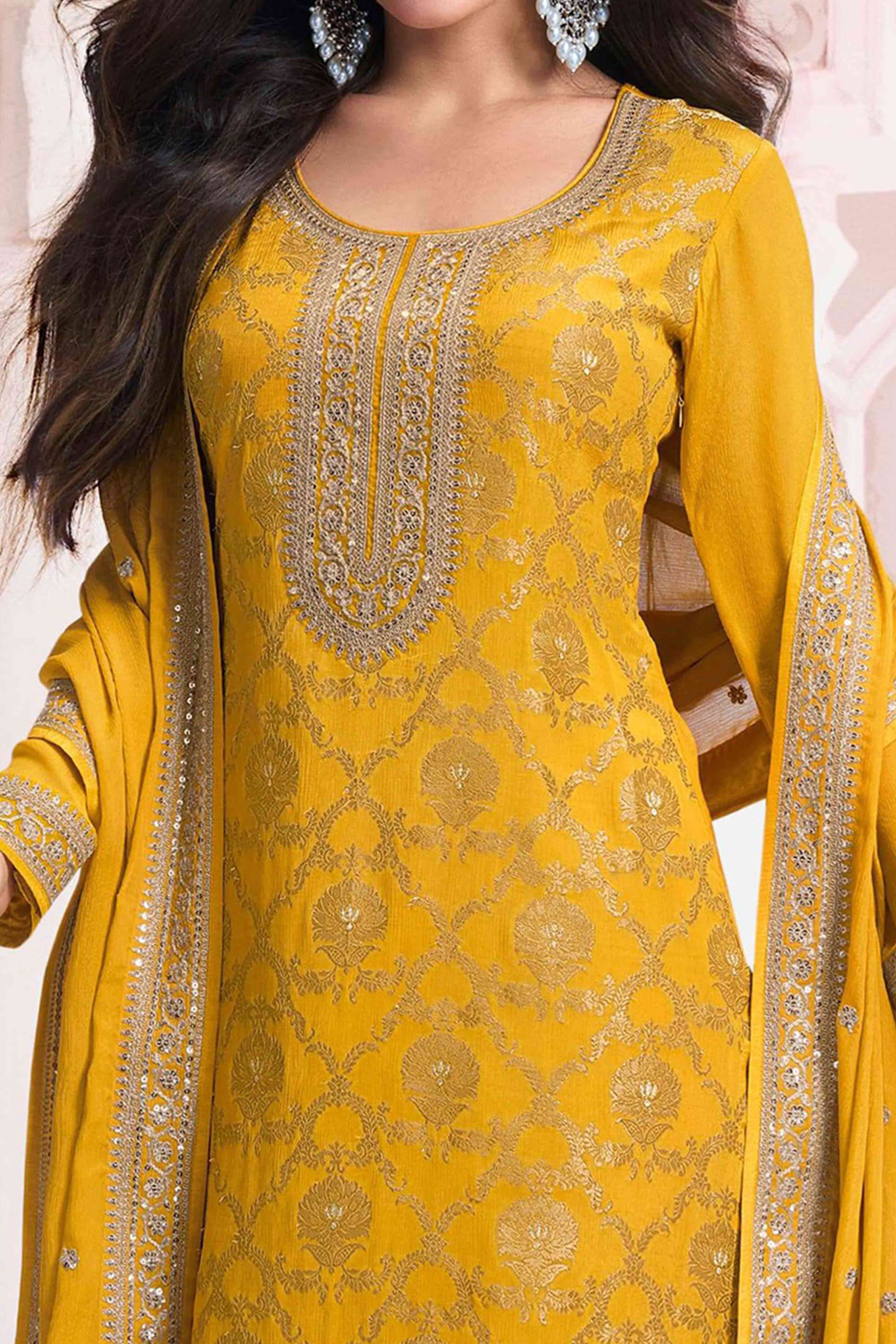 Yellow Woven With Embroidered Jacquard Viscose Semi Stitched Salwar Suit - Image 2