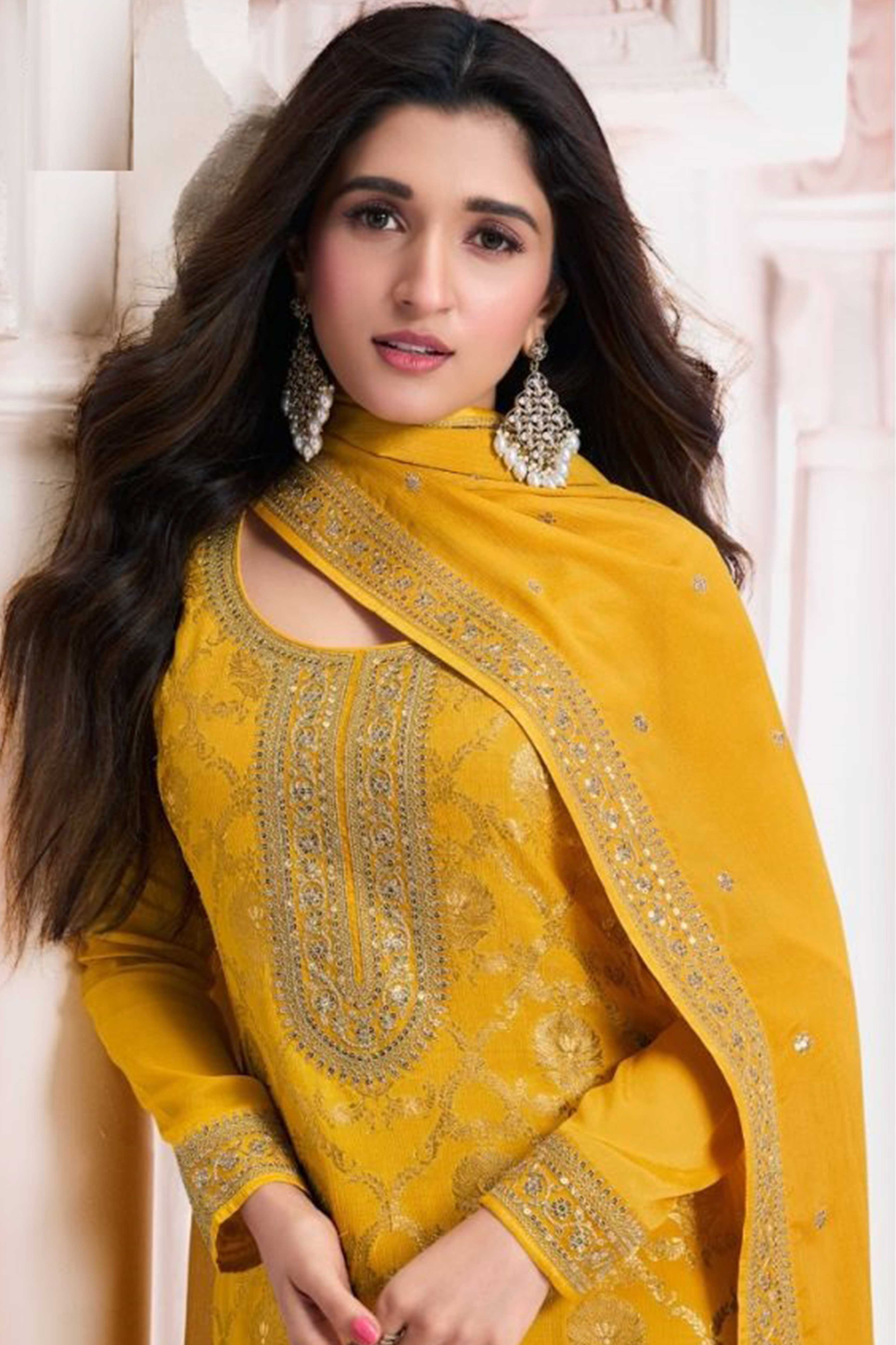 Yellow Woven With Embroidered Jacquard Viscose Semi Stitched Salwar Suit - Image 3