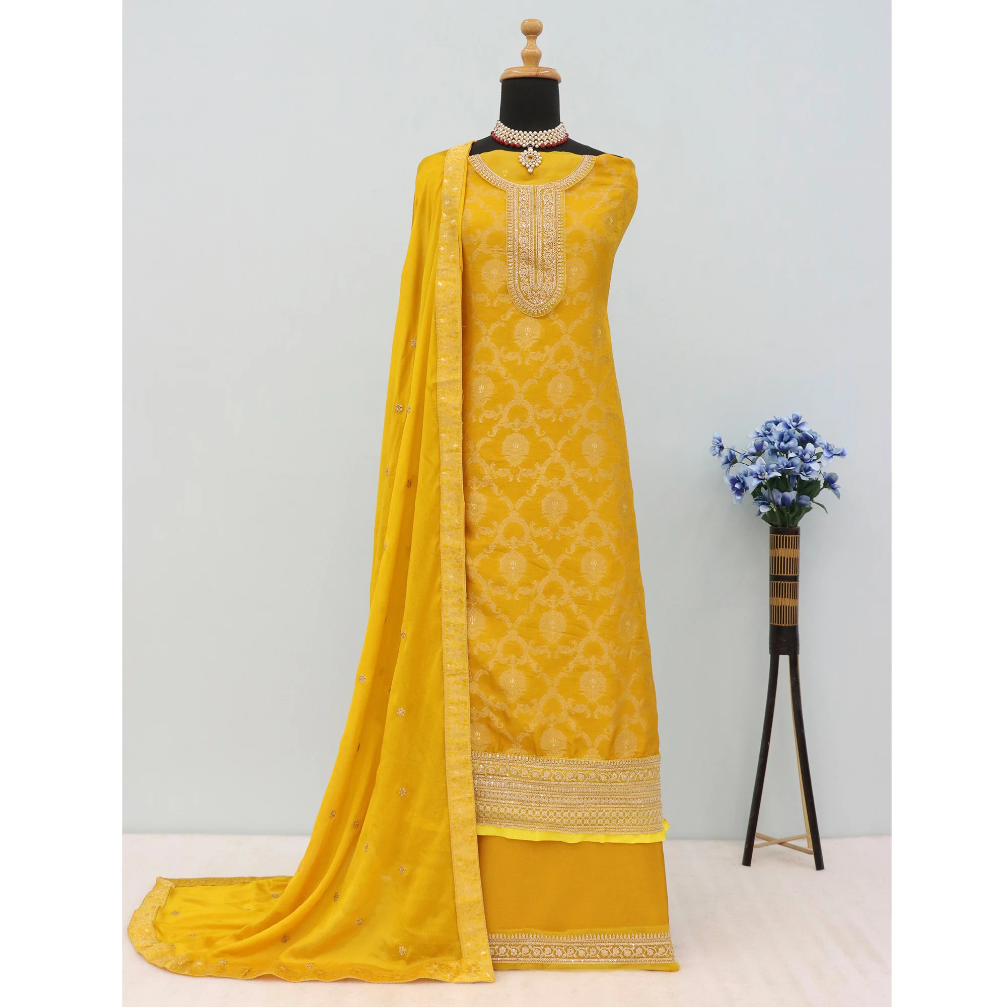 Yellow Woven With Embroidered Jacquard Viscose Semi Stitched Salwar Suit - Image 4