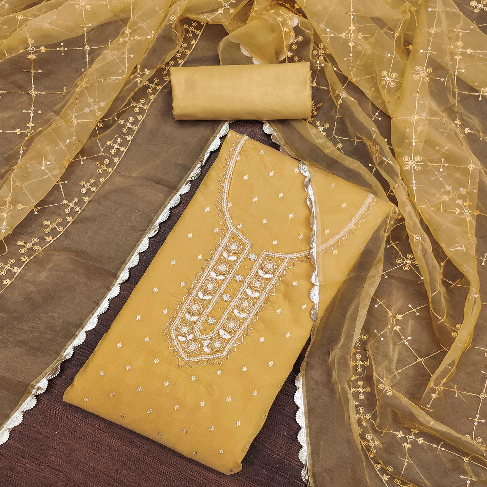 Yellow Woven With Handwork Organza Dress Material - Image 3