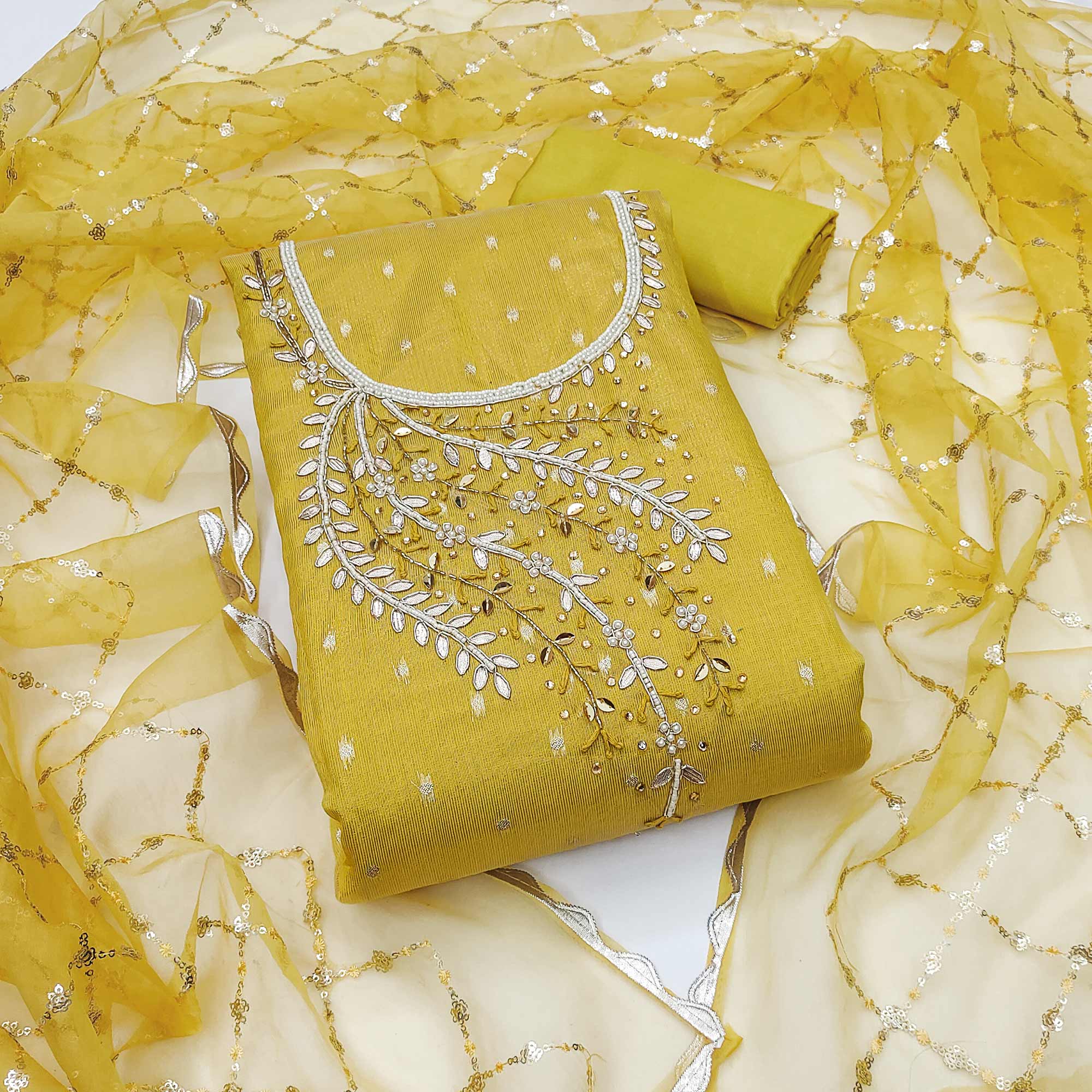 Yellow Woven With Handwork Shimmer Banarasi Silk Material Material - Image 3