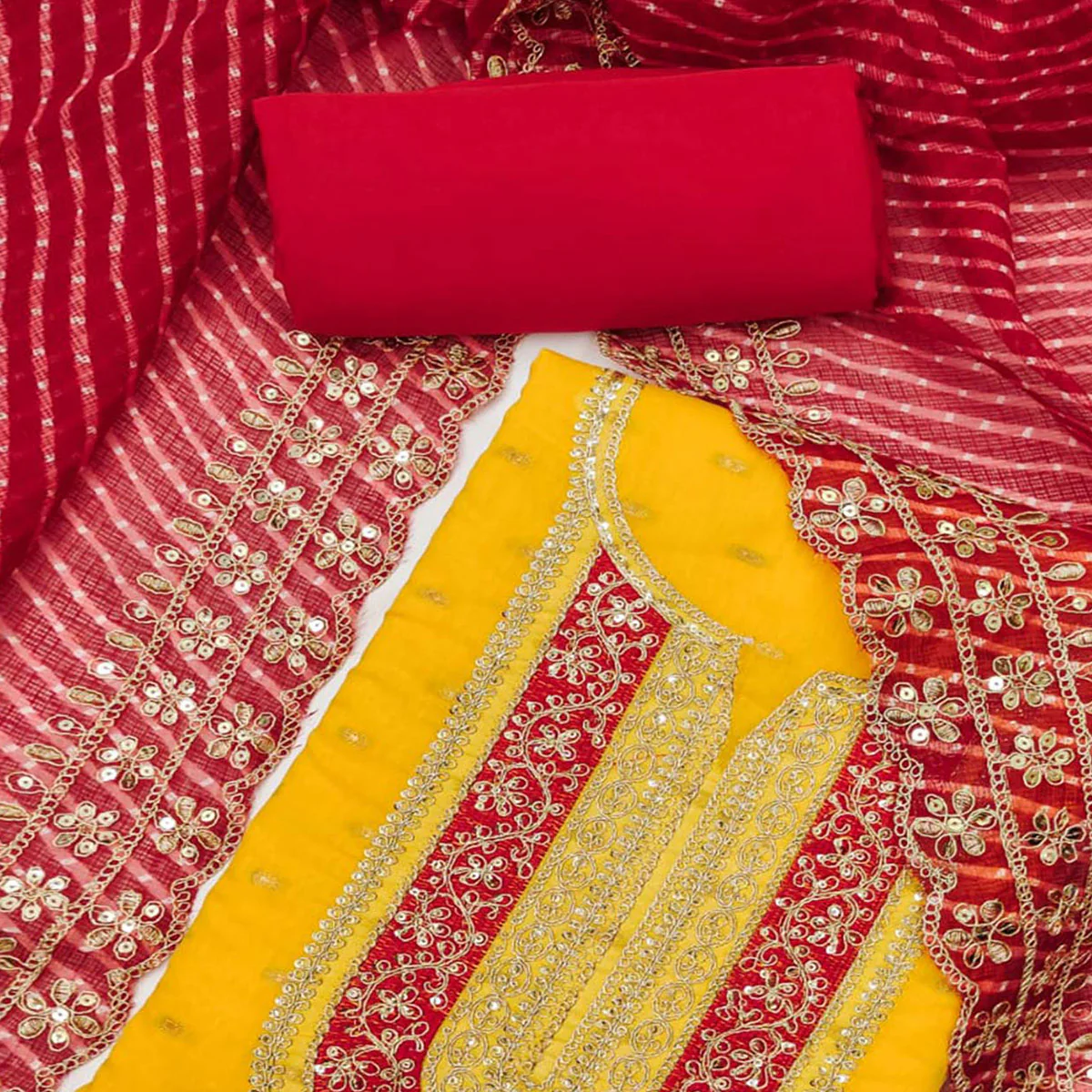 Yellow Woven With Sequins Embroidery Chanderi Dress Material - Image 2