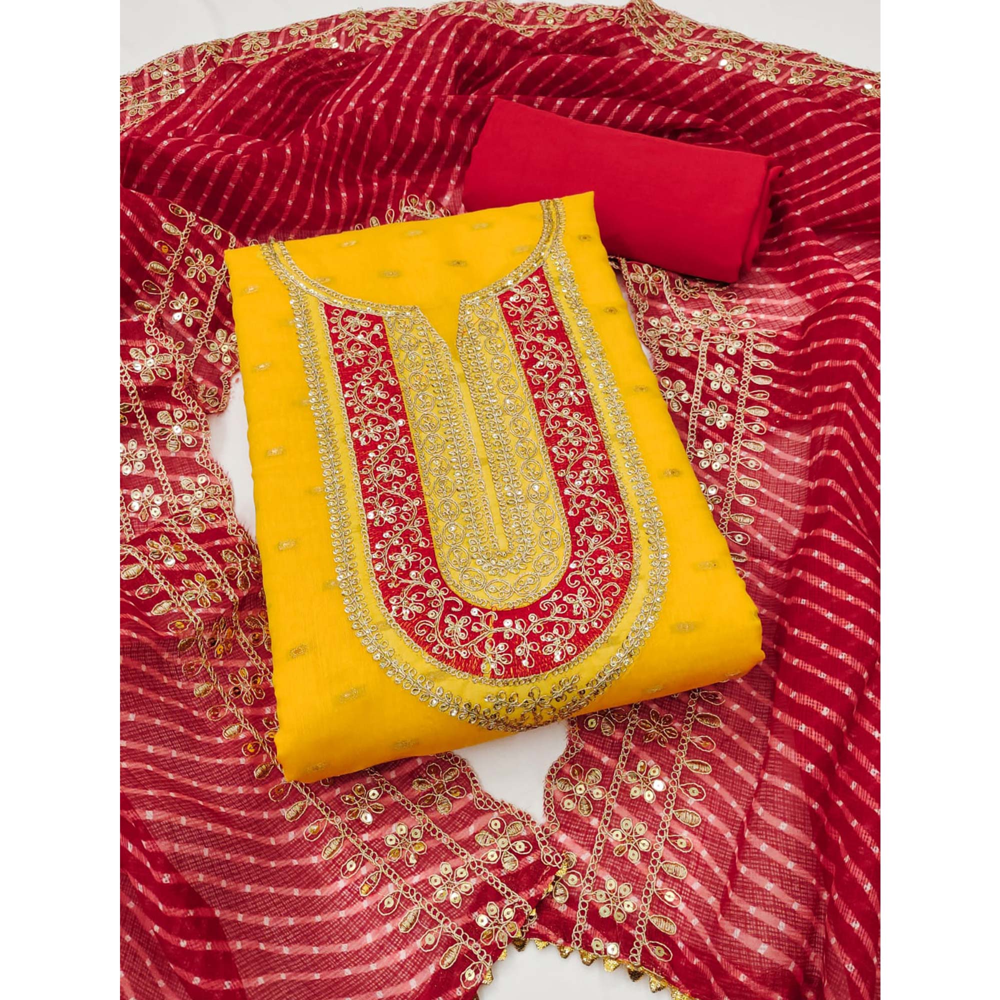 Yellow Woven With Sequins Embroidery Chanderi Dress Material - Image 3