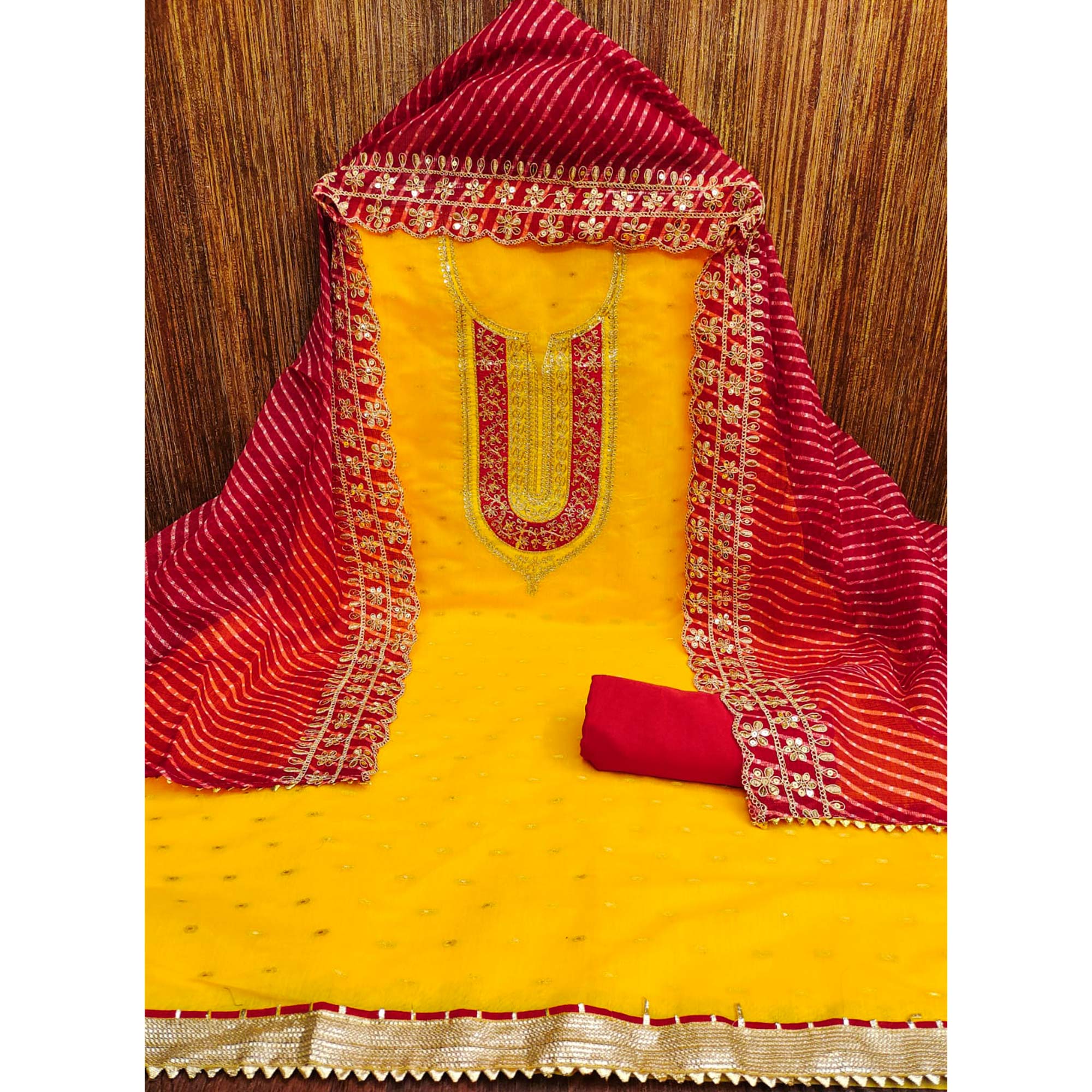 Yellow Woven With Sequins Embroidery Chanderi Dress Material - Image 4