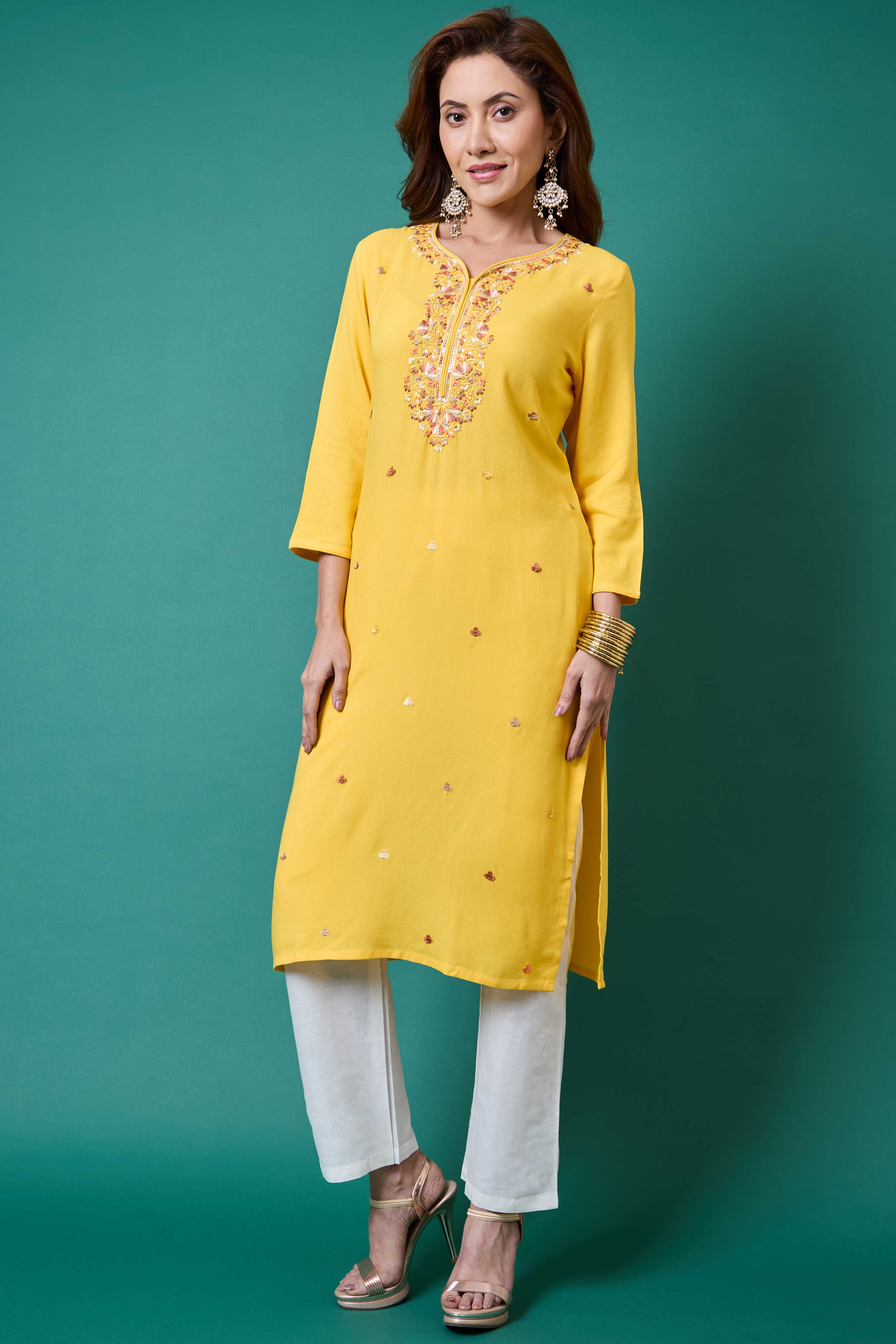 Yellow Yoke Embroidered Rayon Straight Kurti - Image 7