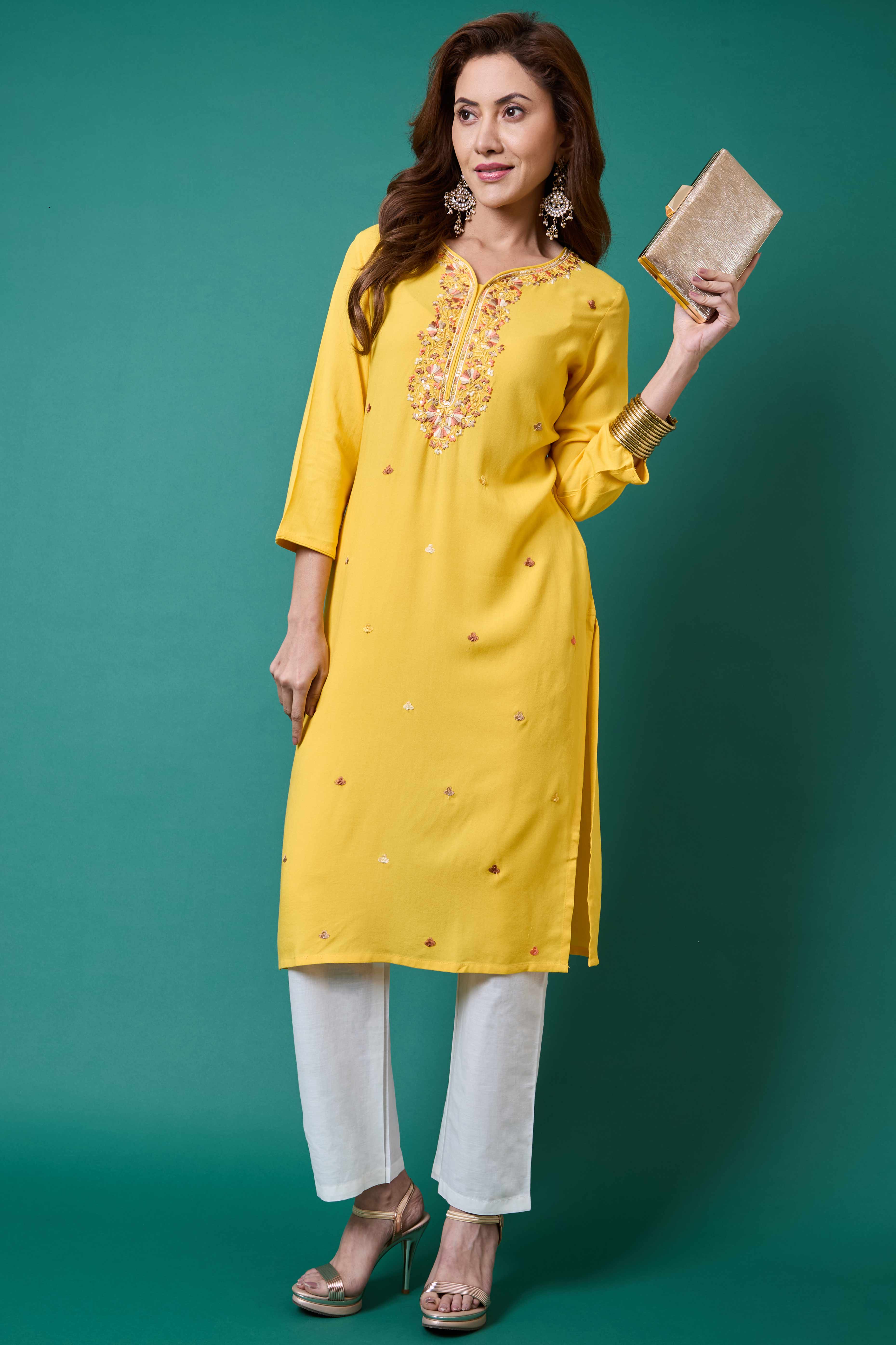 Yellow Yoke Embroidered Rayon Straight Kurti - Image 8