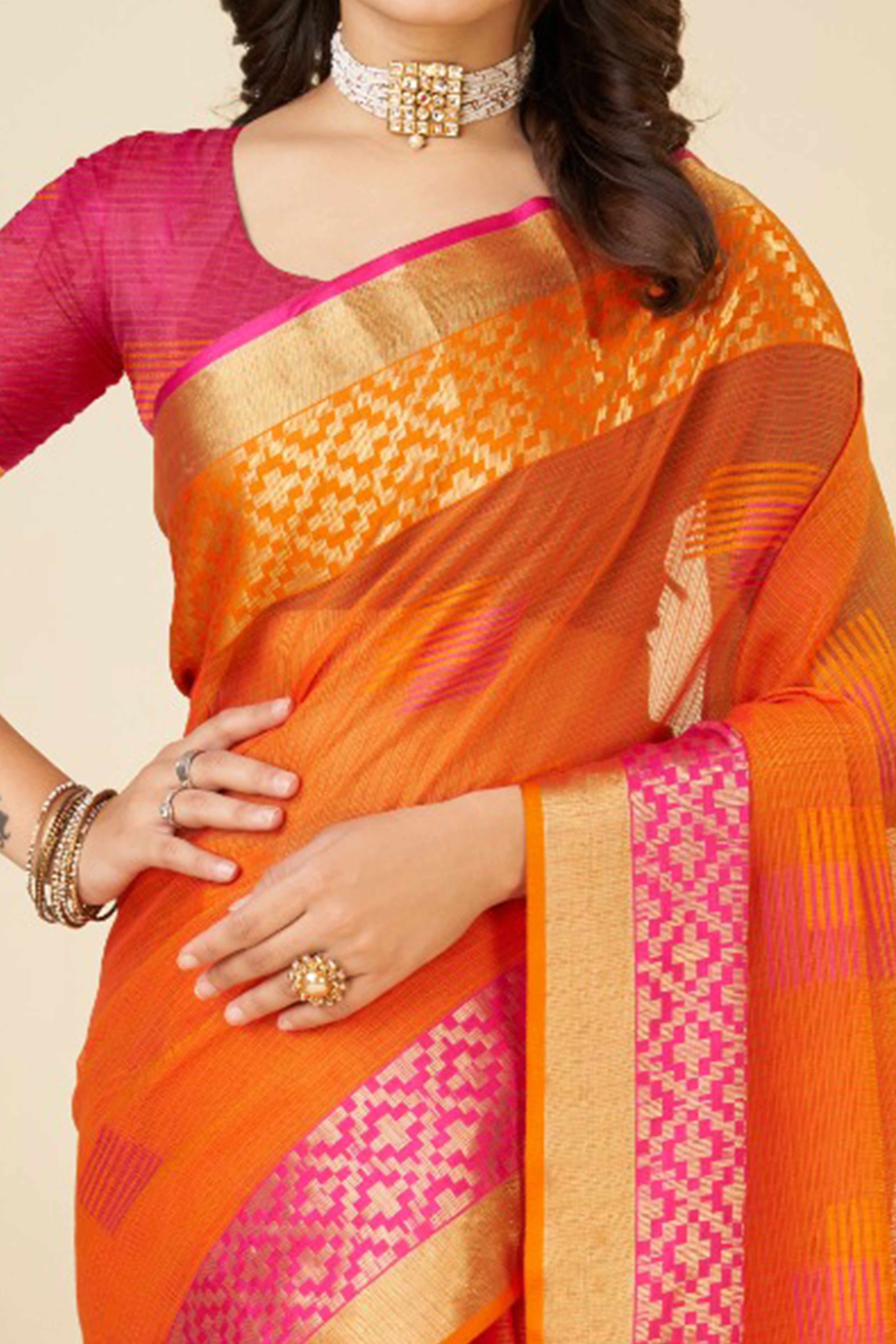 Orange Zari Weaving Cotton Blend Saree - Image 2