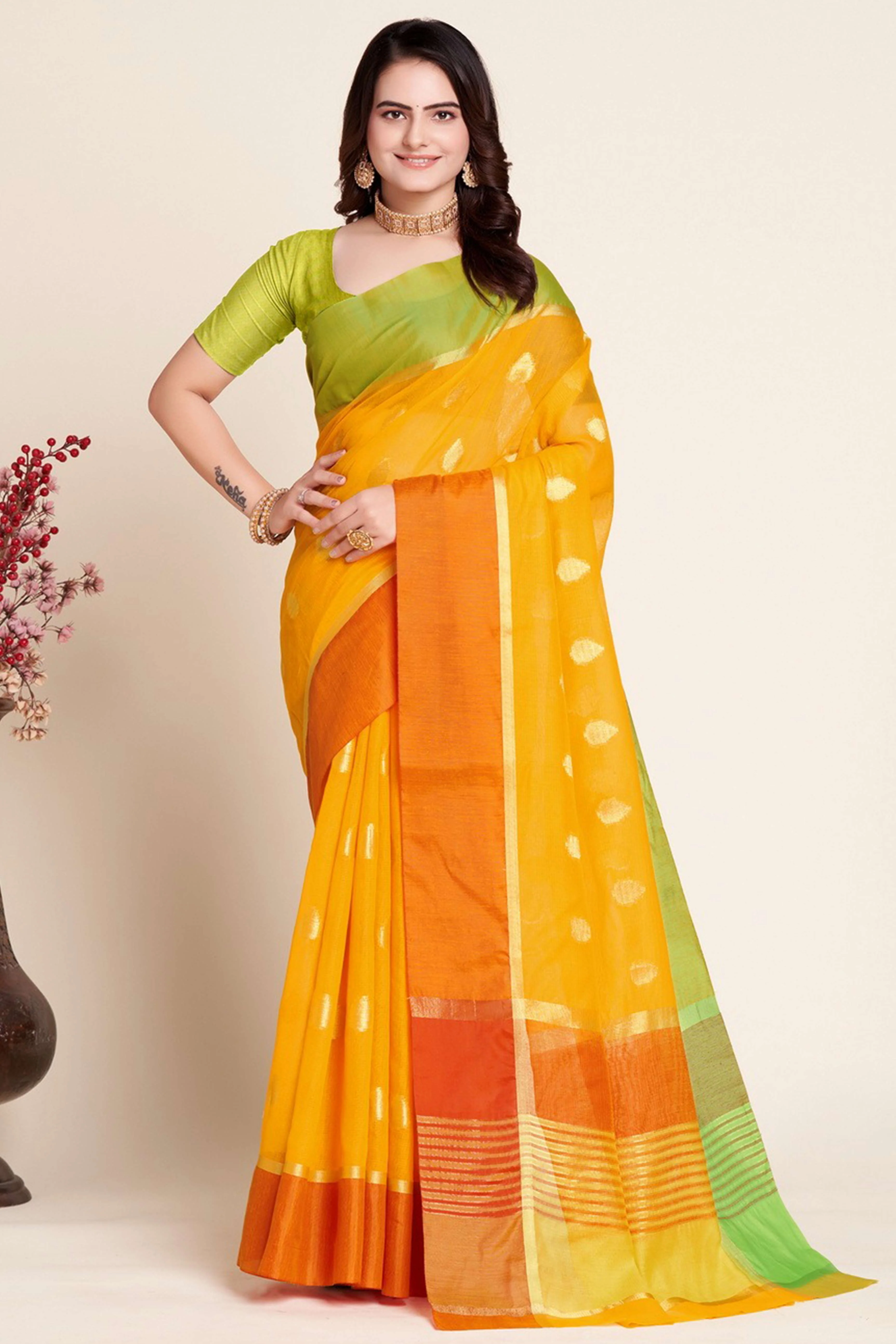 Yellow Zari Weaving Cotton Silk Saree