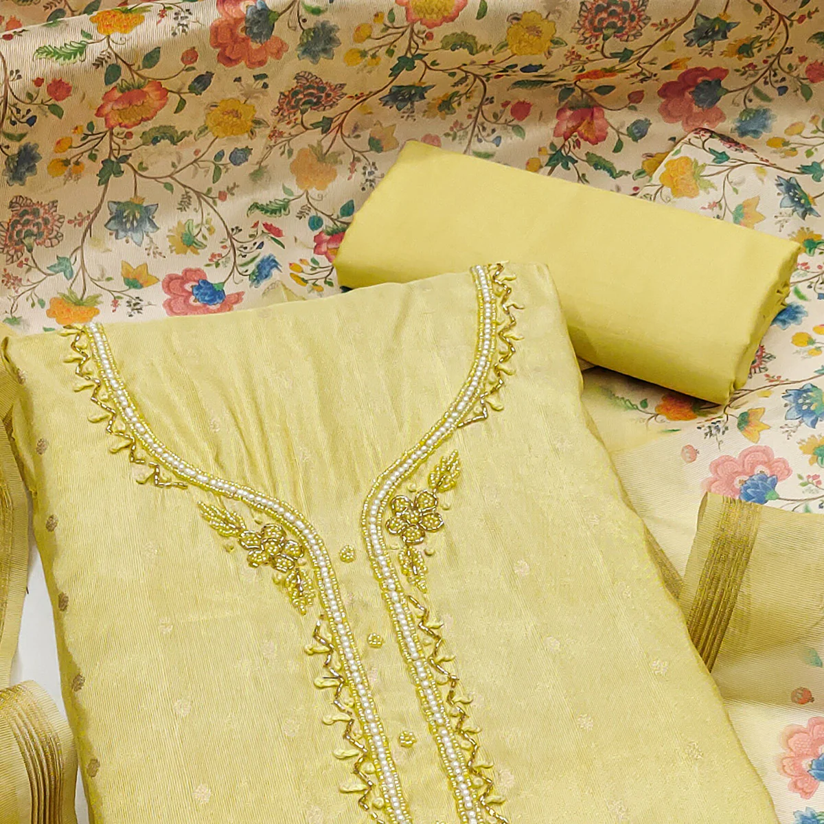 Yellow Zari Work Woven Net Dress Material - Image 2