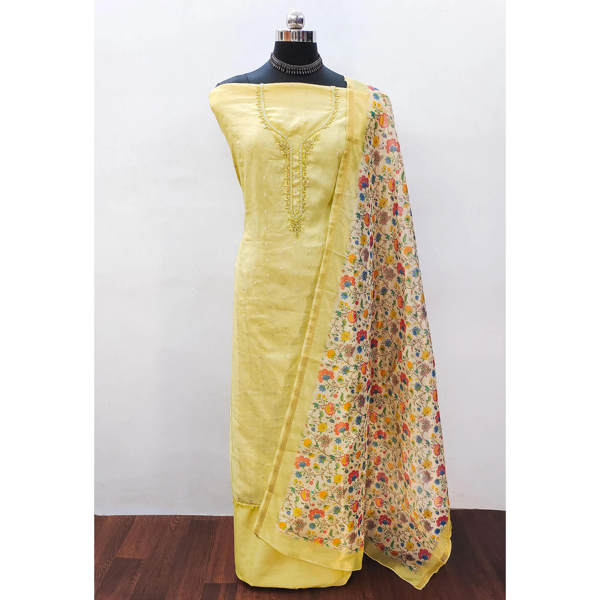 Yellow Zari Work Woven Net Dress Material - Image 3