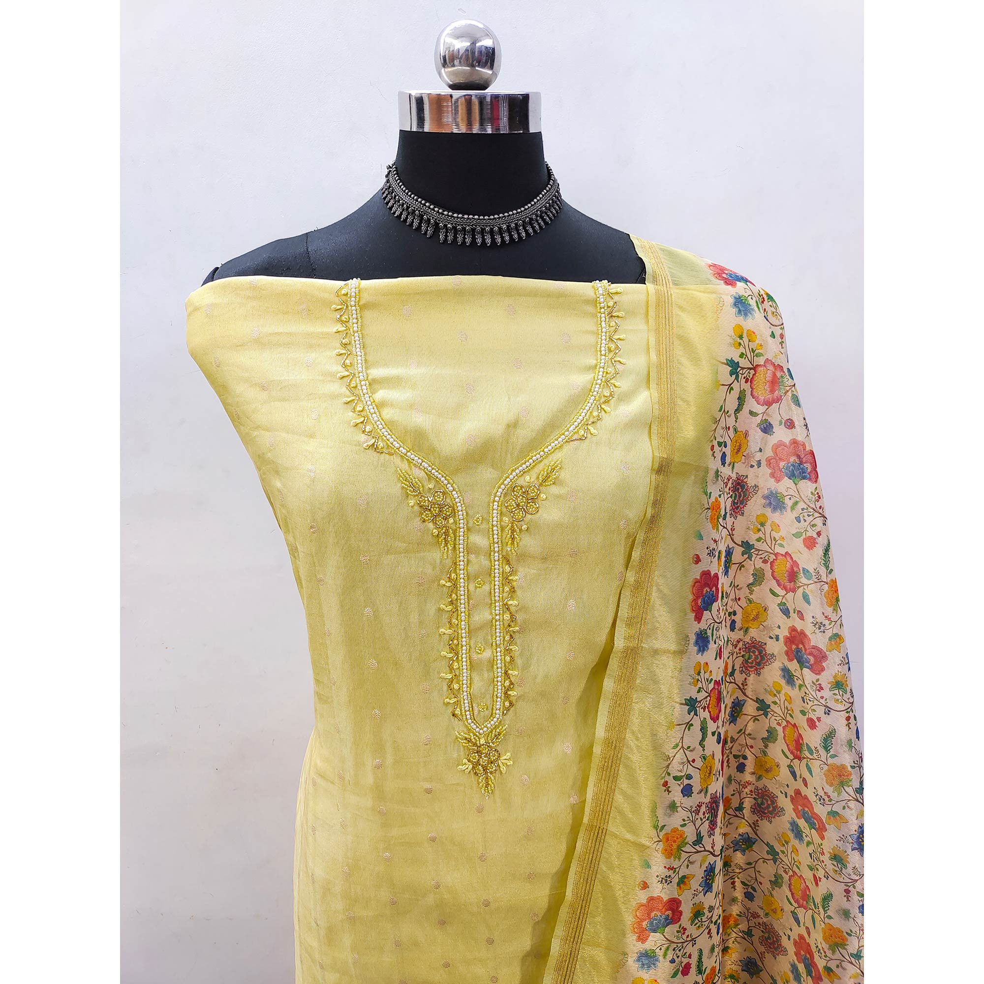 Yellow Zari Work Woven Net Dress Material - Image 4