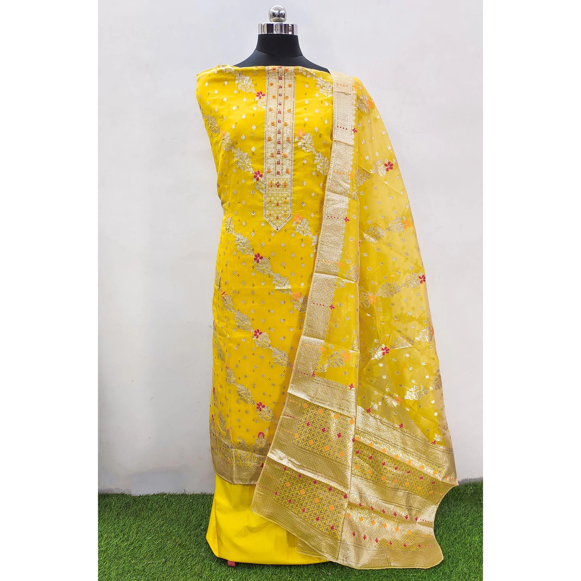 Yellow Zari Woven Banarasi Silk Dress Material - Image 3