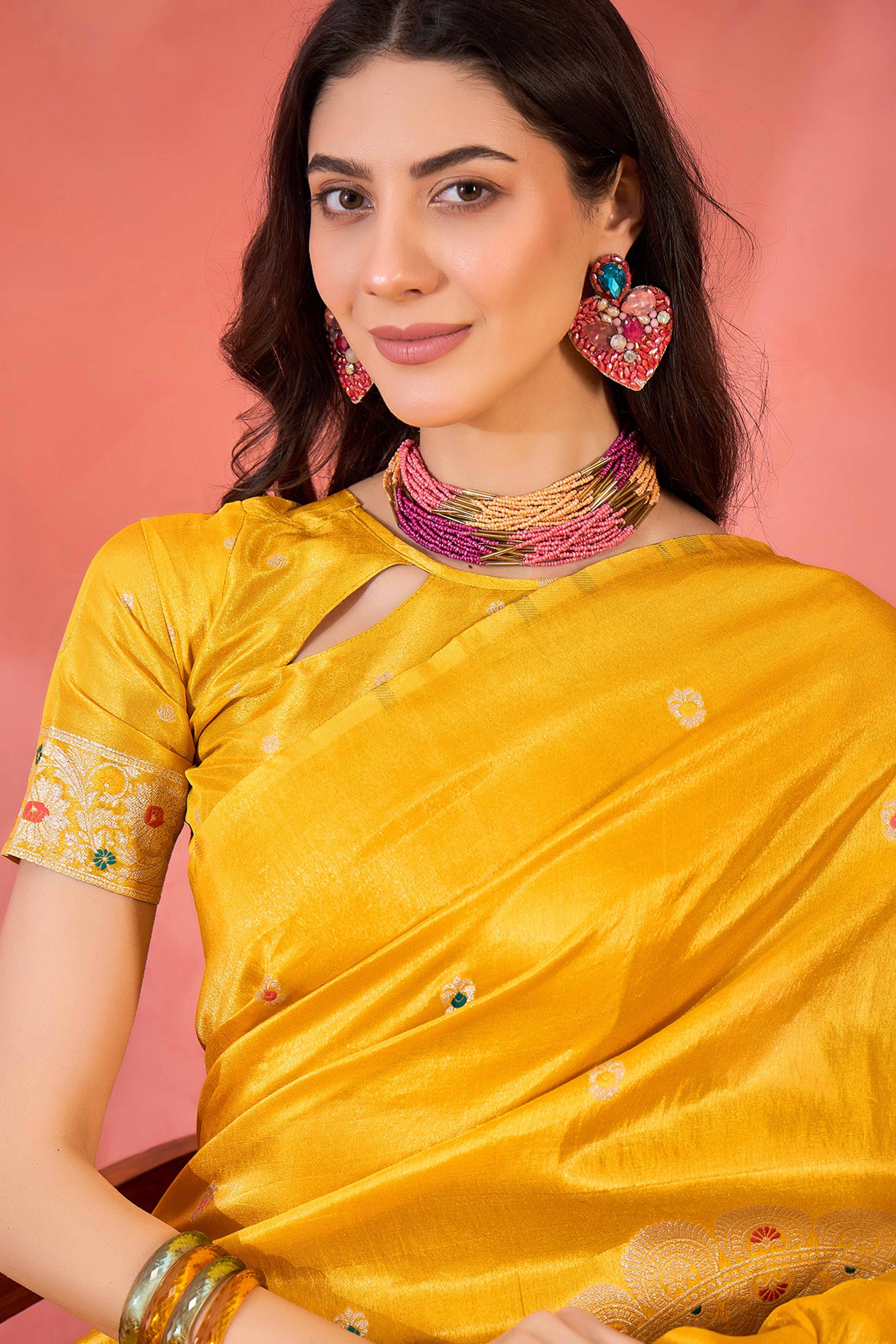 Yellow Zari Woven Shimmer Saree With Floral Motifs & Flowing Tassel Pallu - Image 6