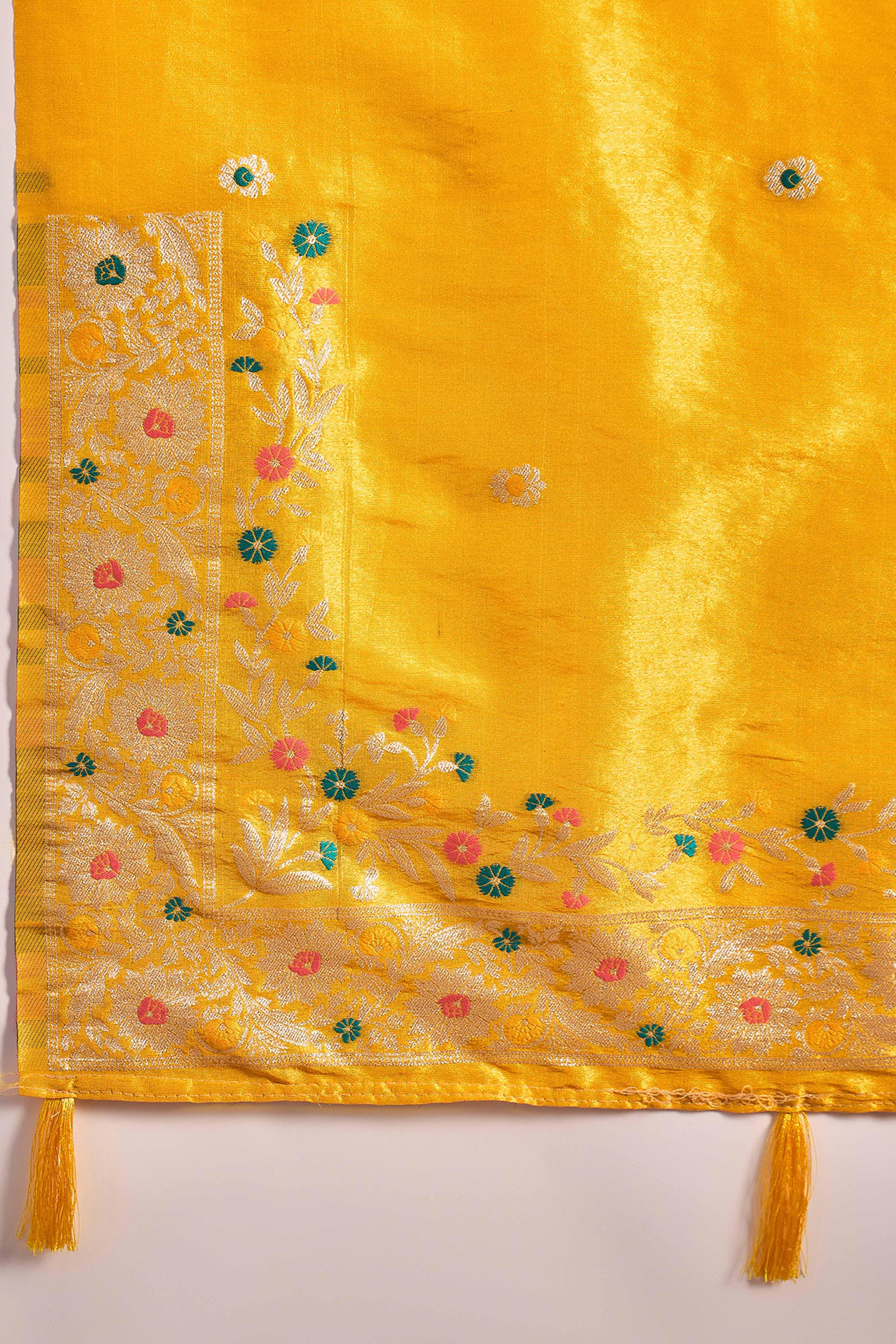 Yellow Zari Woven Shimmer Saree With Floral Motifs & Flowing Tassel Pallu - Image 8