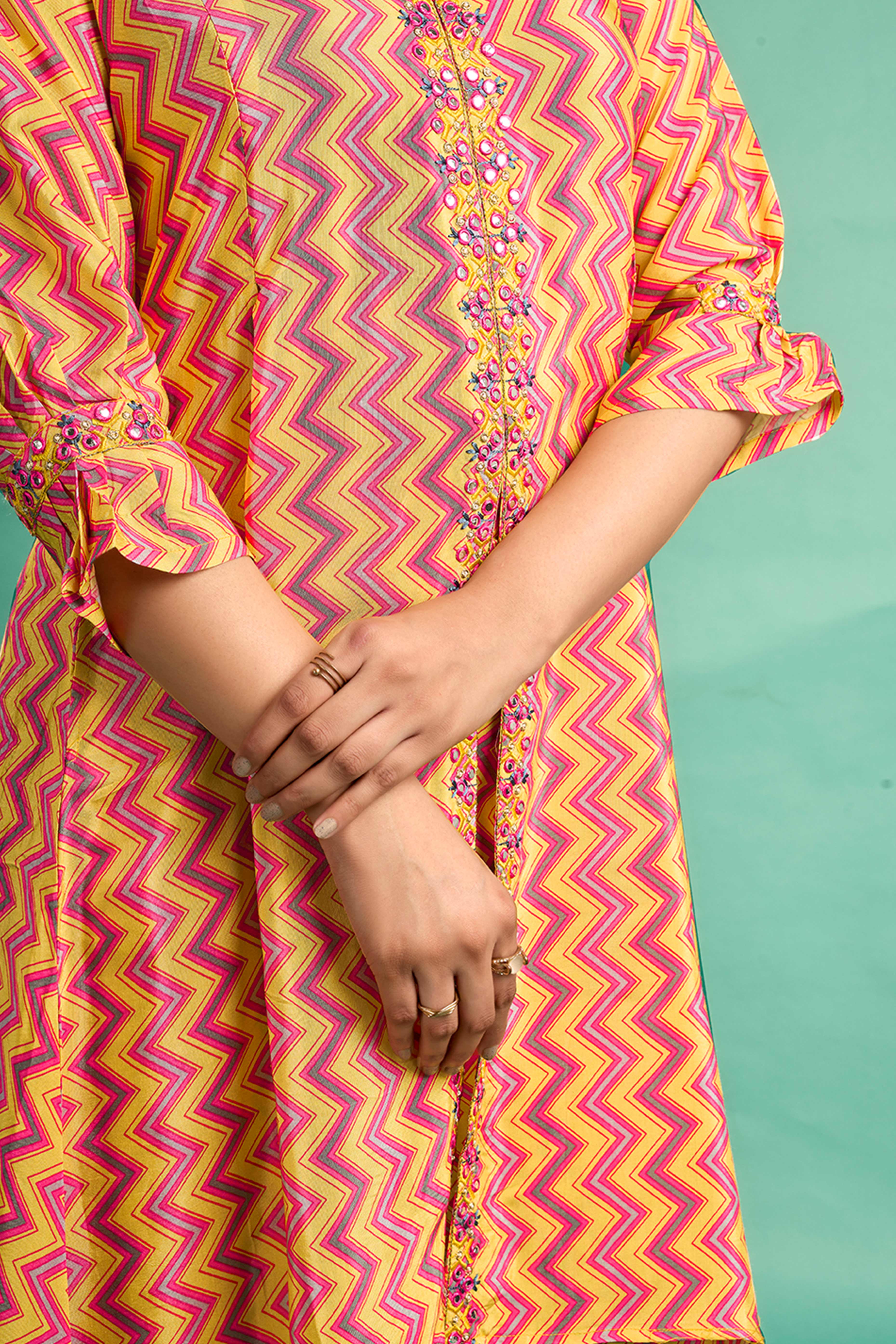 Yellow Zig Zag Printed Muslin Front Slit Co-Ord Set - Image 7