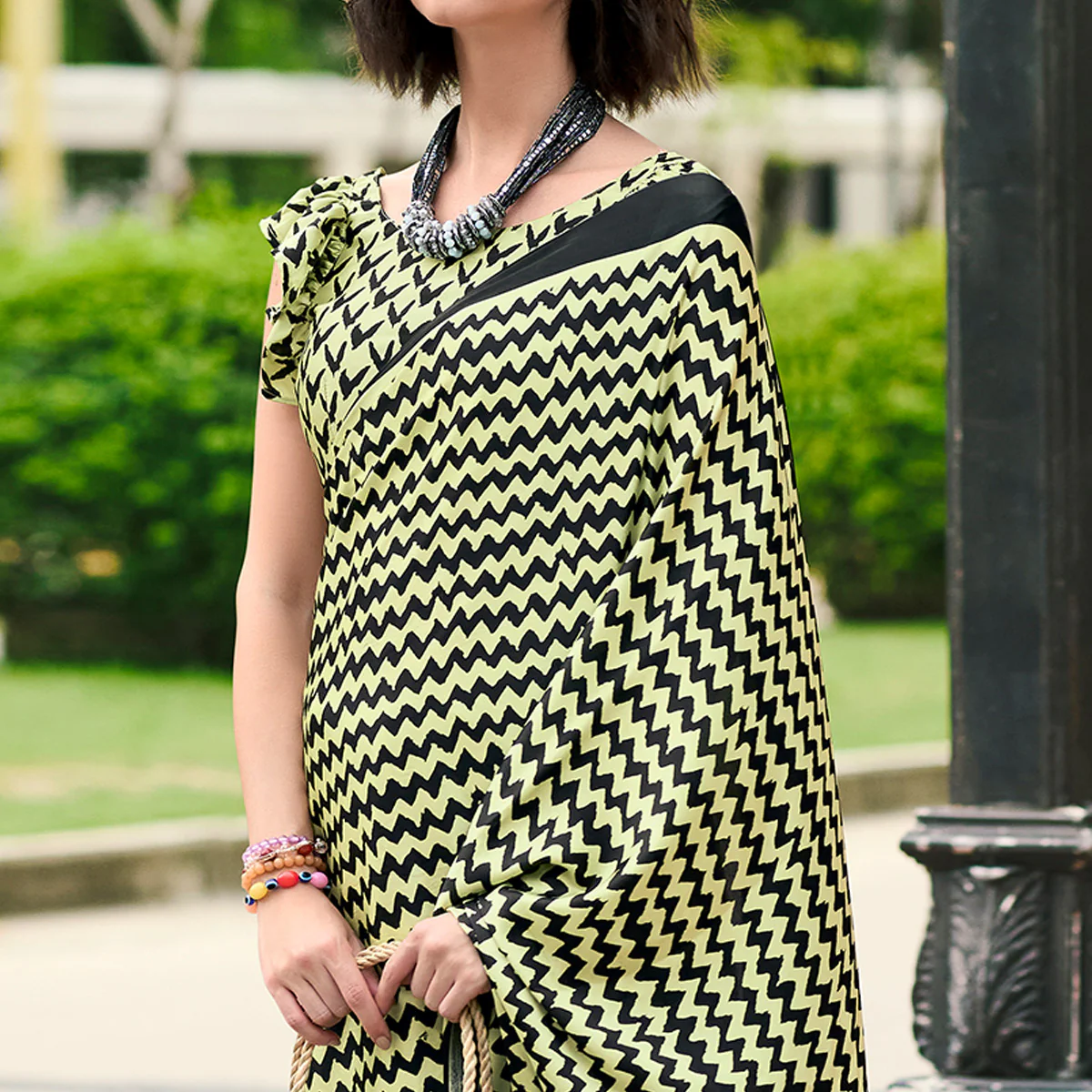 Yellow Zig Zag Printed Satin Saree - Image 2