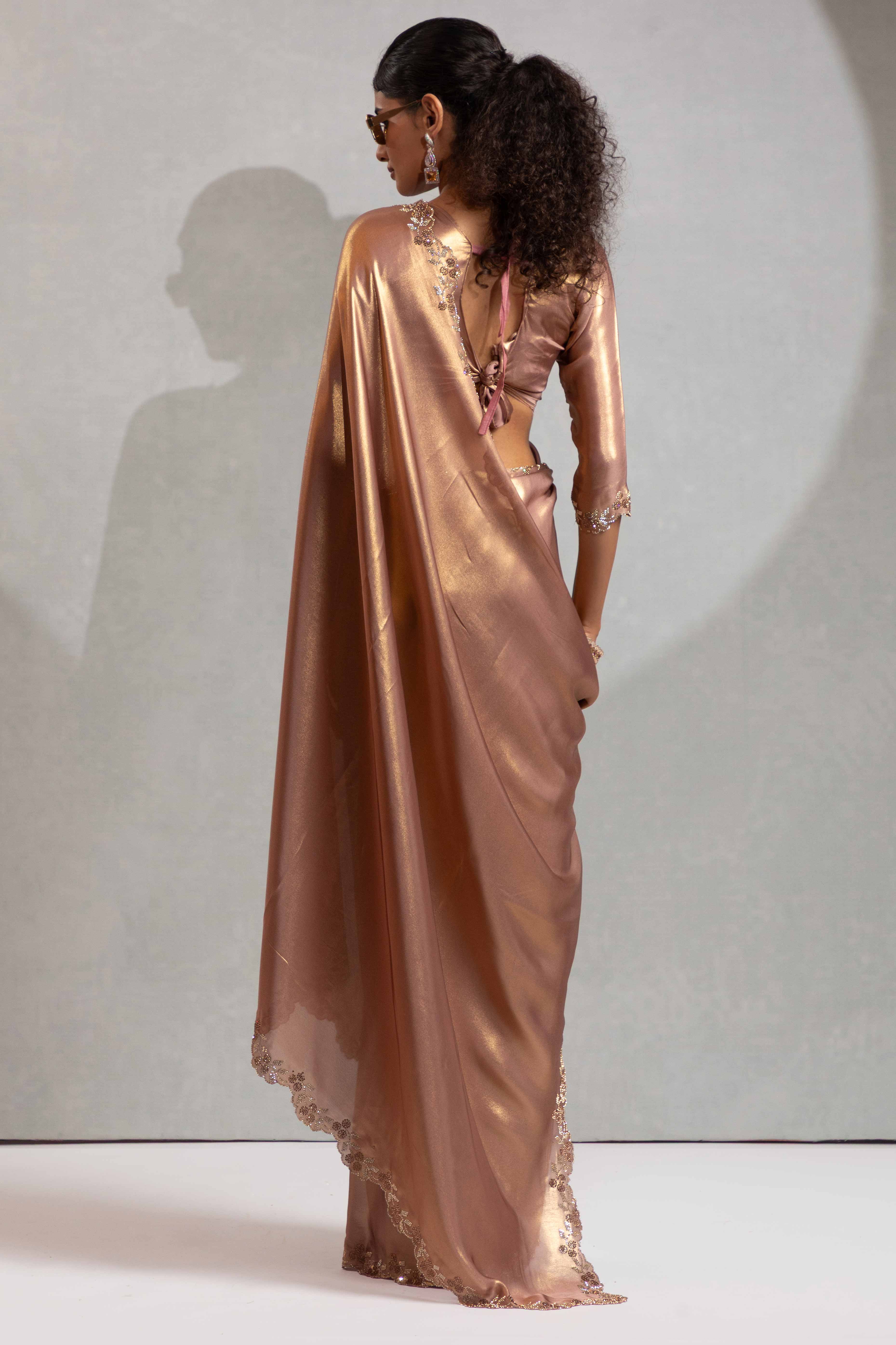Zircon Brown Satin Georgette Saree Adorned With Subtle Foil Finish & A Sparkling Zarkan Work Border - Image 4